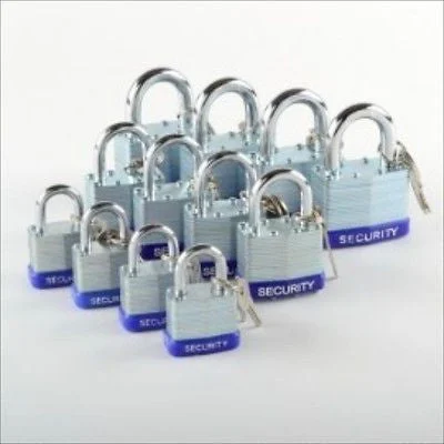 12 Piece Pack of Assorted Size Laminated Pad Lock Padlocks Security Set Locks