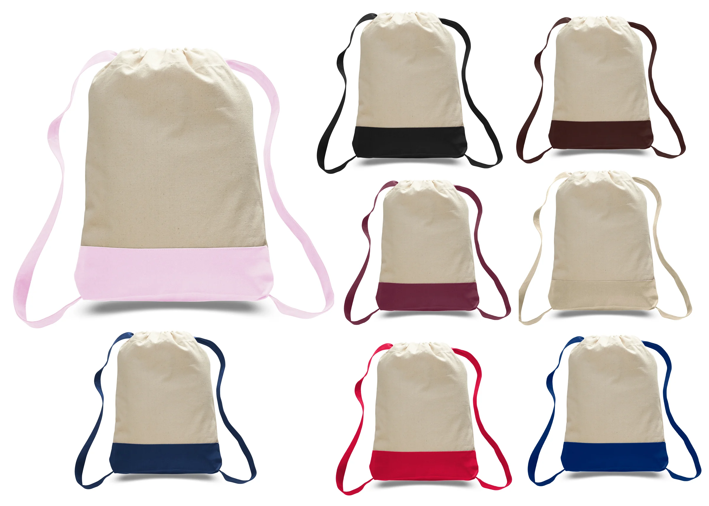 14" Canvas Drawstring Backpacks w/ Contrasting Handles & Trim