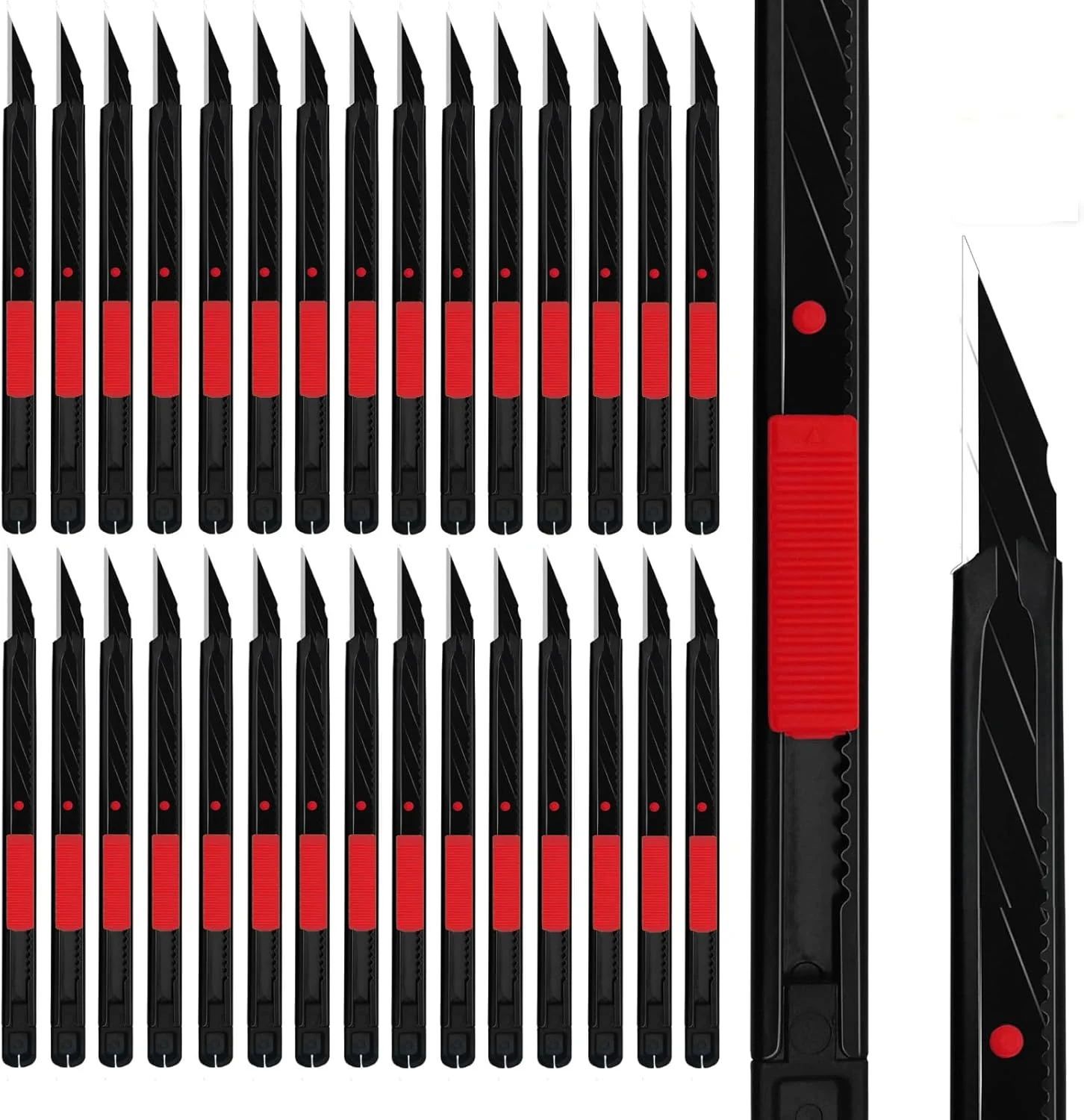 30pcs 9mm Snap-off Knives with Safety Auto-lock, Metal Handle, Black Blade, Lightweight Portable Retractable Cutter for office, school, daily works