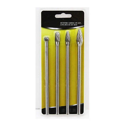 4 Piece Long Deep Reach Solid Carbide Rotary File Burr Tool Set for Die Grinder