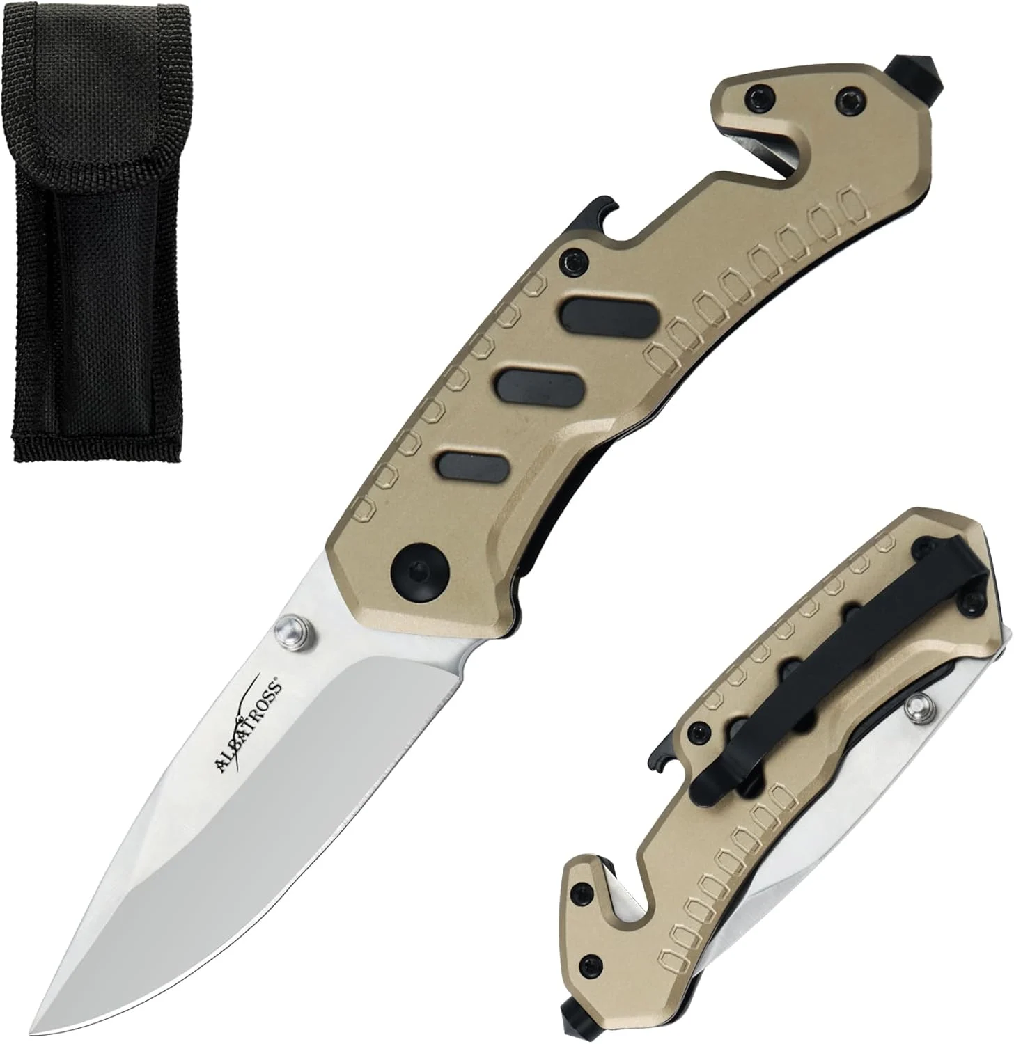 ALBATROSS Classic Multifunction Pocket Folding Knife with Bottle Opener、Glass Hammer and Rope Cutter, Satin Coated Blade and Aluminum Handle，AS-23265 (Green)