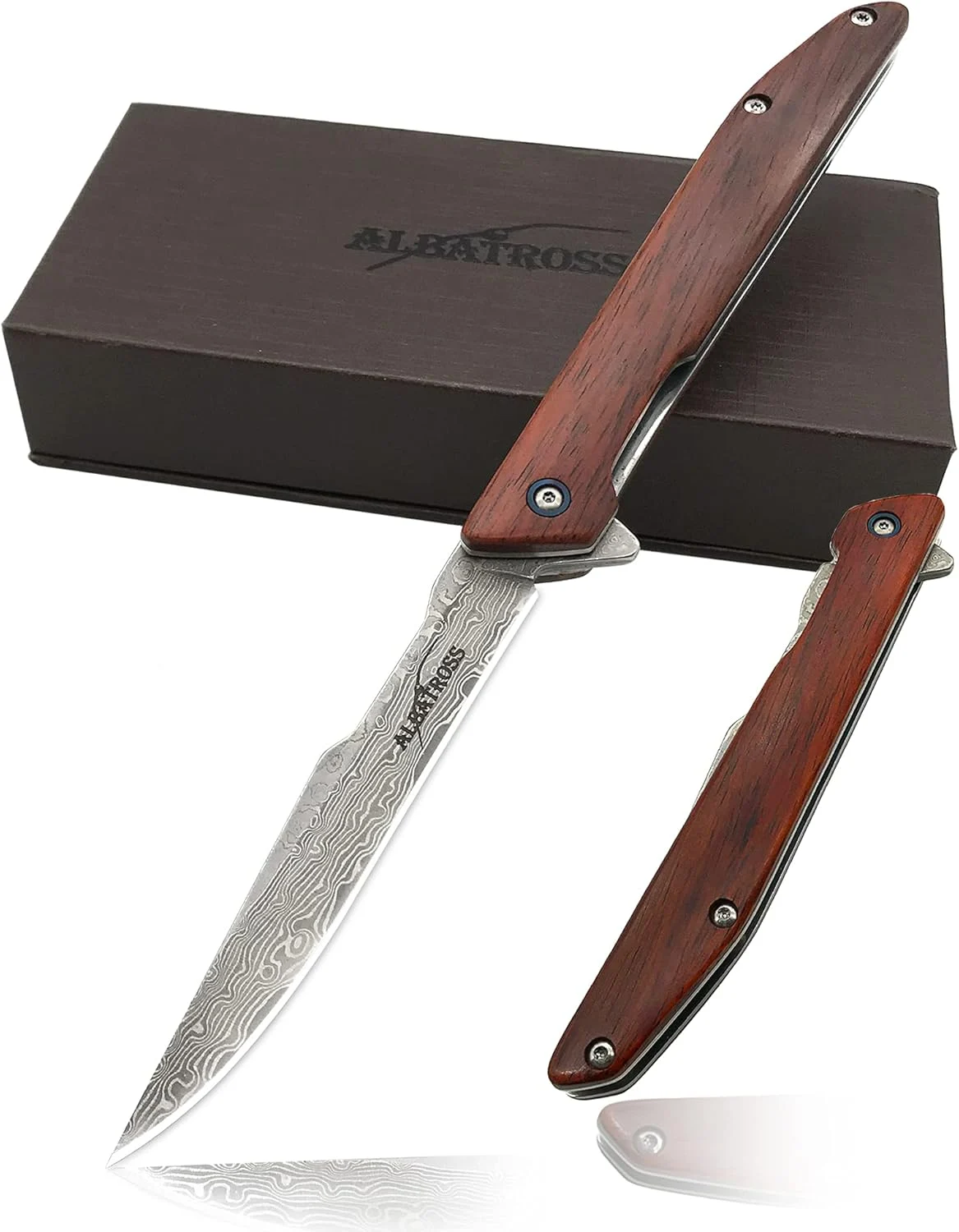 ALBATROSS EDC Thin VG10 Damascus Camping Folding Pocket Knife; 3.5″ Damascus Blade, 4.5″ Yellow Sandalwood Handle,Gifts Box/Collections (HGDK025)