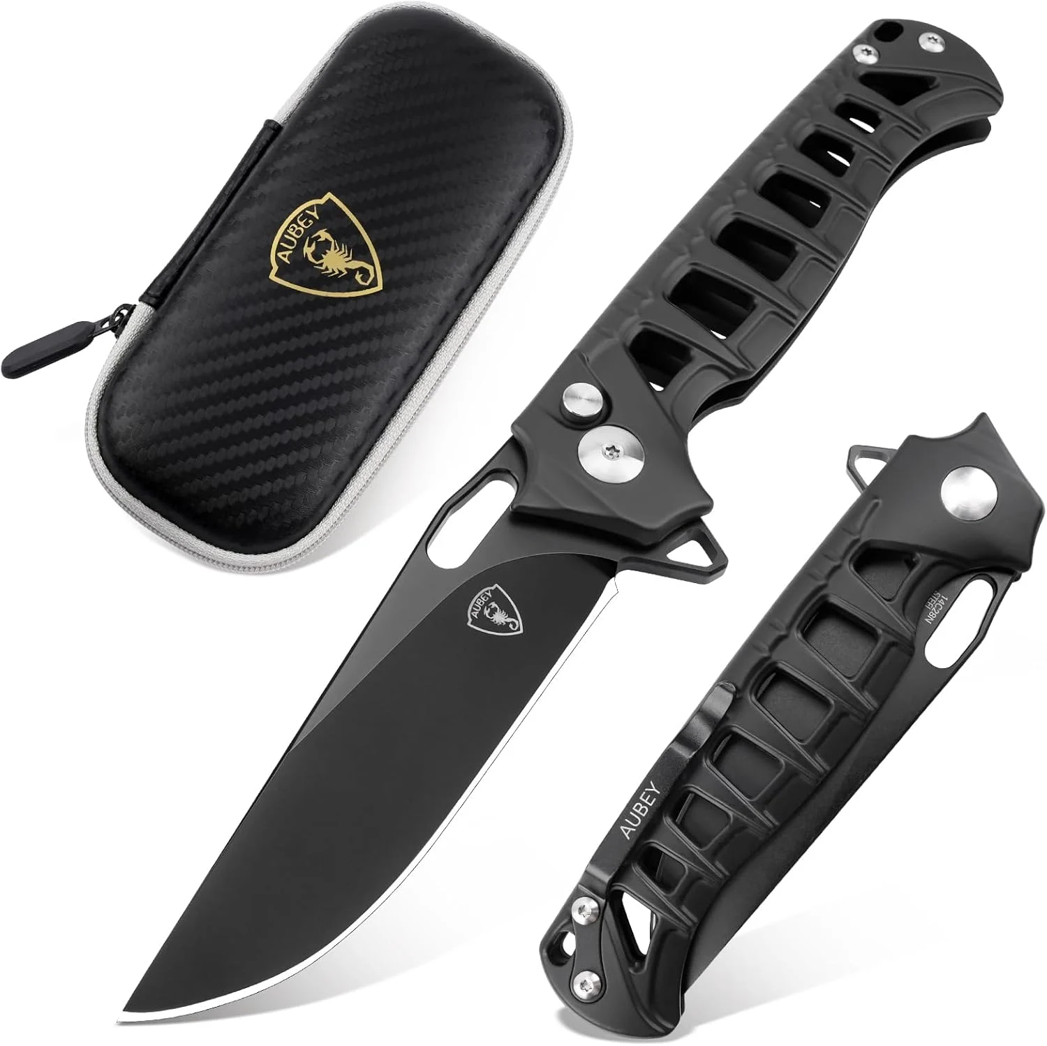 AUBEY Folding Pocket Knife, 3.54″ 14C28N Steel Blade Knife with Button Lock and Clip, Sharp EDC Knives for Outdoor Camping Survival Tactical (Skeletonized Aluminum Handle)