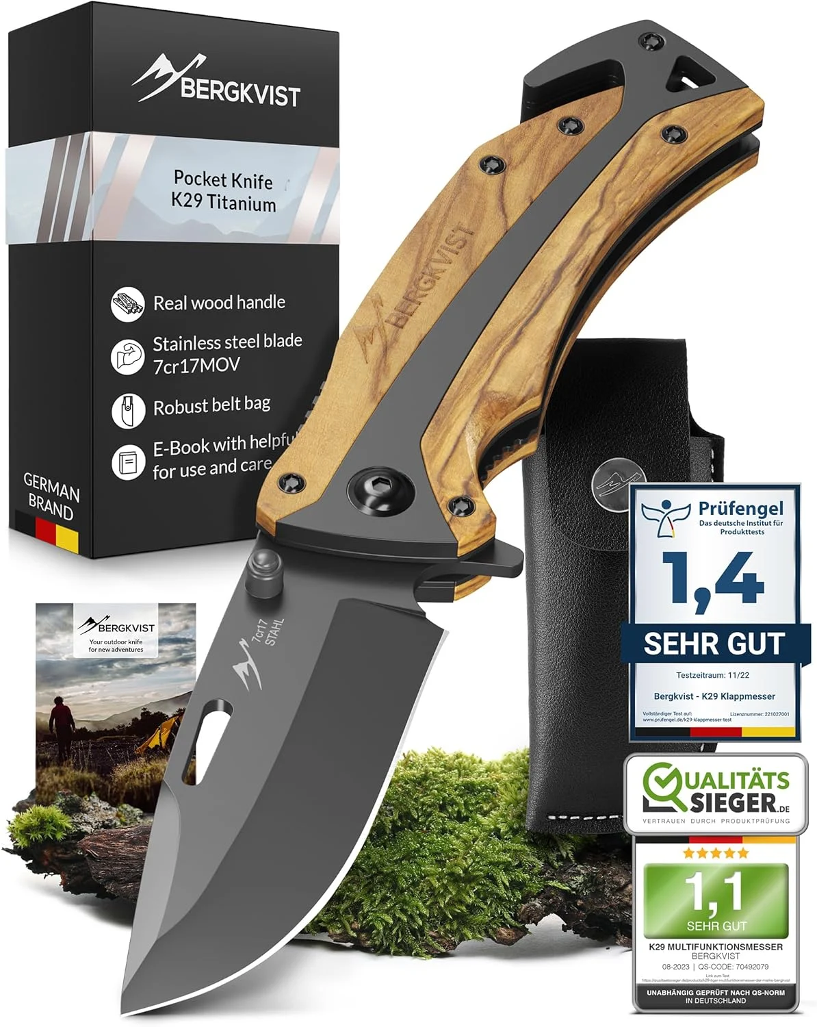 BERGKVIST K29 Folding Knife in Olive Wood – 3-in-1 Survival & Outdoor Knife with Titanium-finished Blade – Bronze A’ Design Award 2021 – Pocket Knife with Belt Pouch