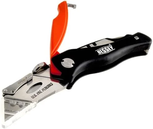 BESSEY D-BKPH Quick-Change Folding Utility Knife – ABS Handle with 5 Blade Storage Compartment , 5 extra blades included