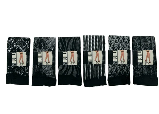 Black Designer Open Weave Thigh High Stockings w/ Solid Cuffs