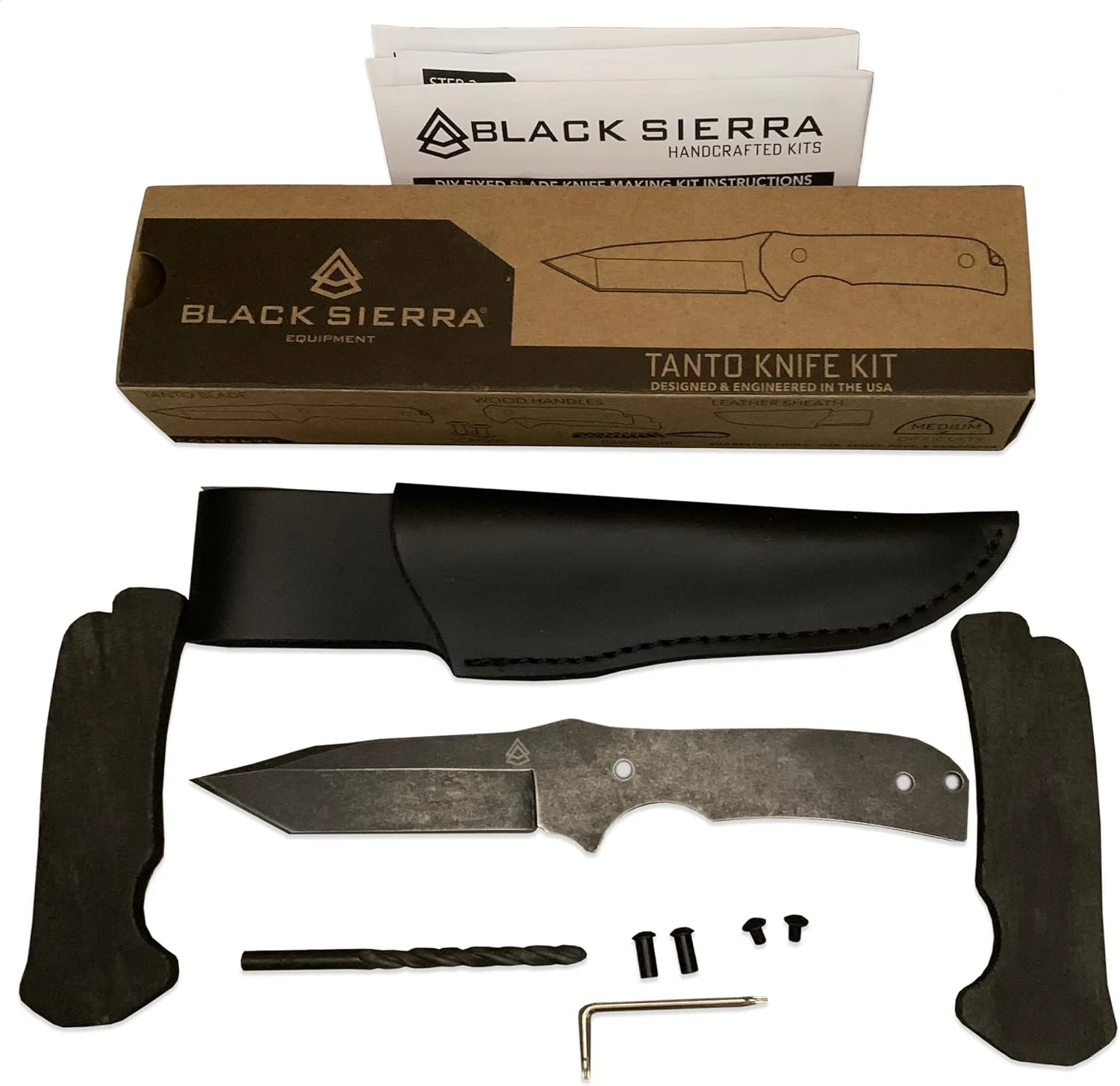 Black Sierra Japanese Tanto Knife building Kit – DIY Fixed Blade with Stonewashed finished Steel and Deluxe Leather Sheath – Knife Making Kit for Adults