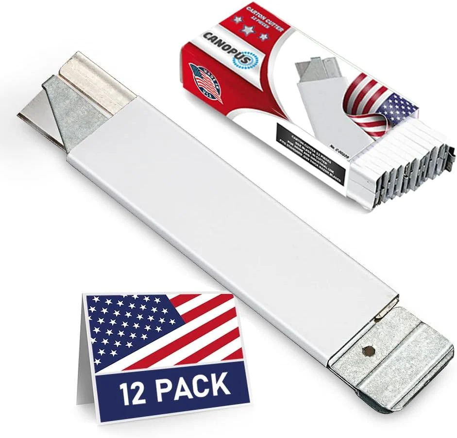 CANOPUS Box Cutters Retractable, Handy Cardboard Opener, Tap Open-Close, Utility Knife Set for Boxes, Packages and Papers, Works Also as Scraper, Full Metal Body, Box of 12, Made in USA