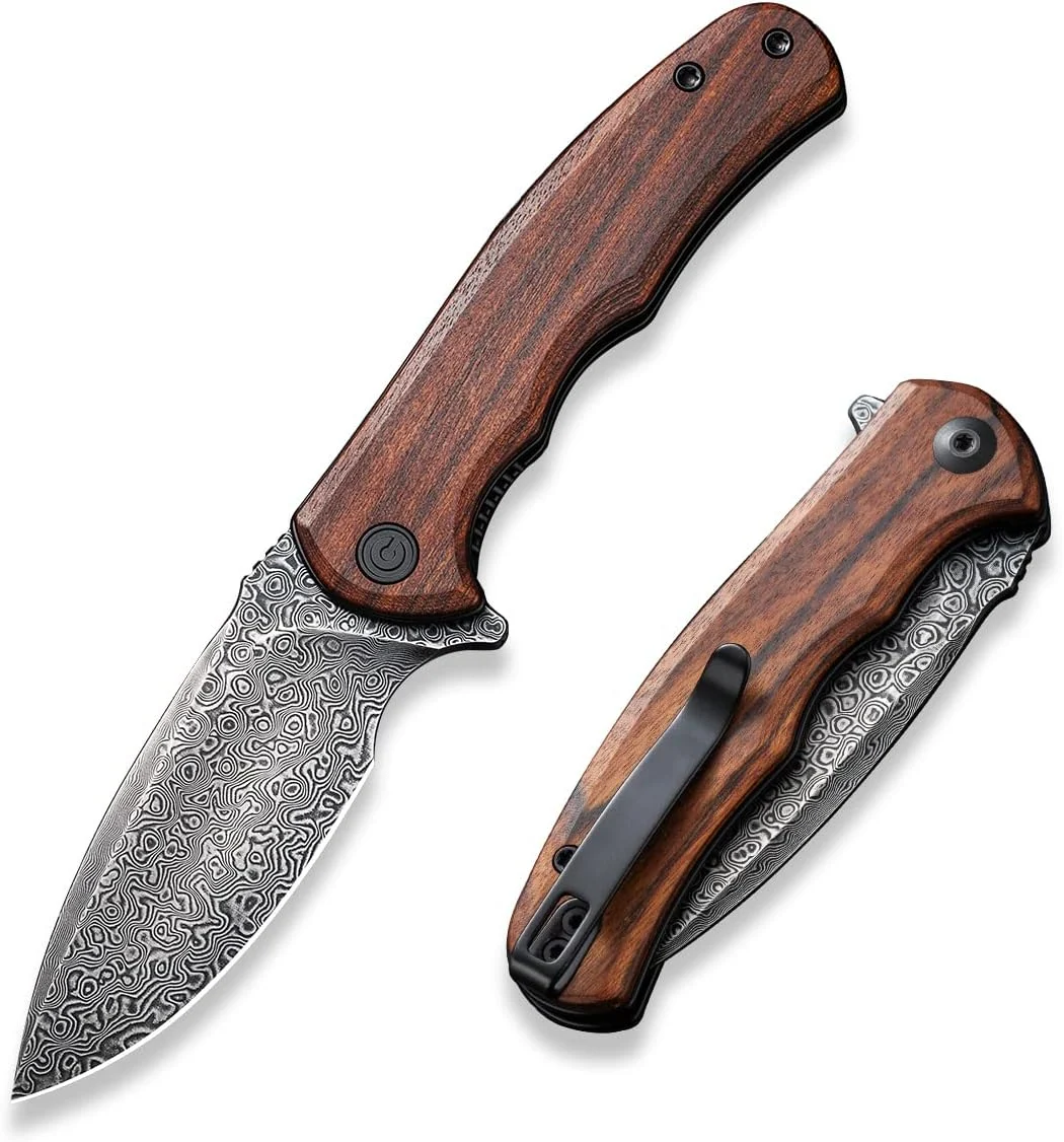 CIVIVI Folding Pocket Knife for EDC, Small Mini Praxis Knife for Men Women, 2.98″ Damascus Blade Guibourtia Wood Handle, Sharp Camping Hiking Knives C18026C-DS1