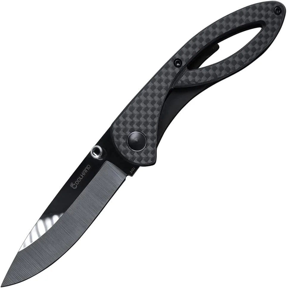 Cool Hand 3.75” Carbon Fiber Scale Folding Pocket Knife w/ 2.75” Polished Black Ceramic Blade, Frame Lock, Black Liner