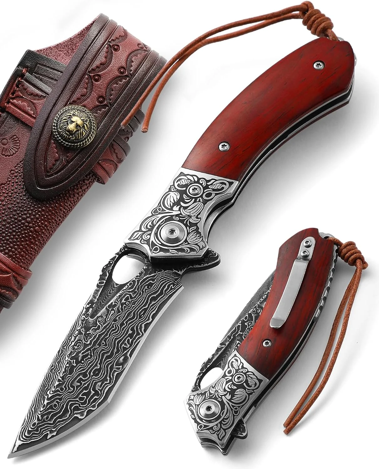 Damascus Pocket Knife for Men, AUGENWEIDE Damascus Steel Pocket Knife with Clip and Sheath, Handmade Real Damascus Steel Folding Knife, Gifts for Father’s Day, Valentine’s Day A-(KNIFE WITH A LEATHER SHEATH)