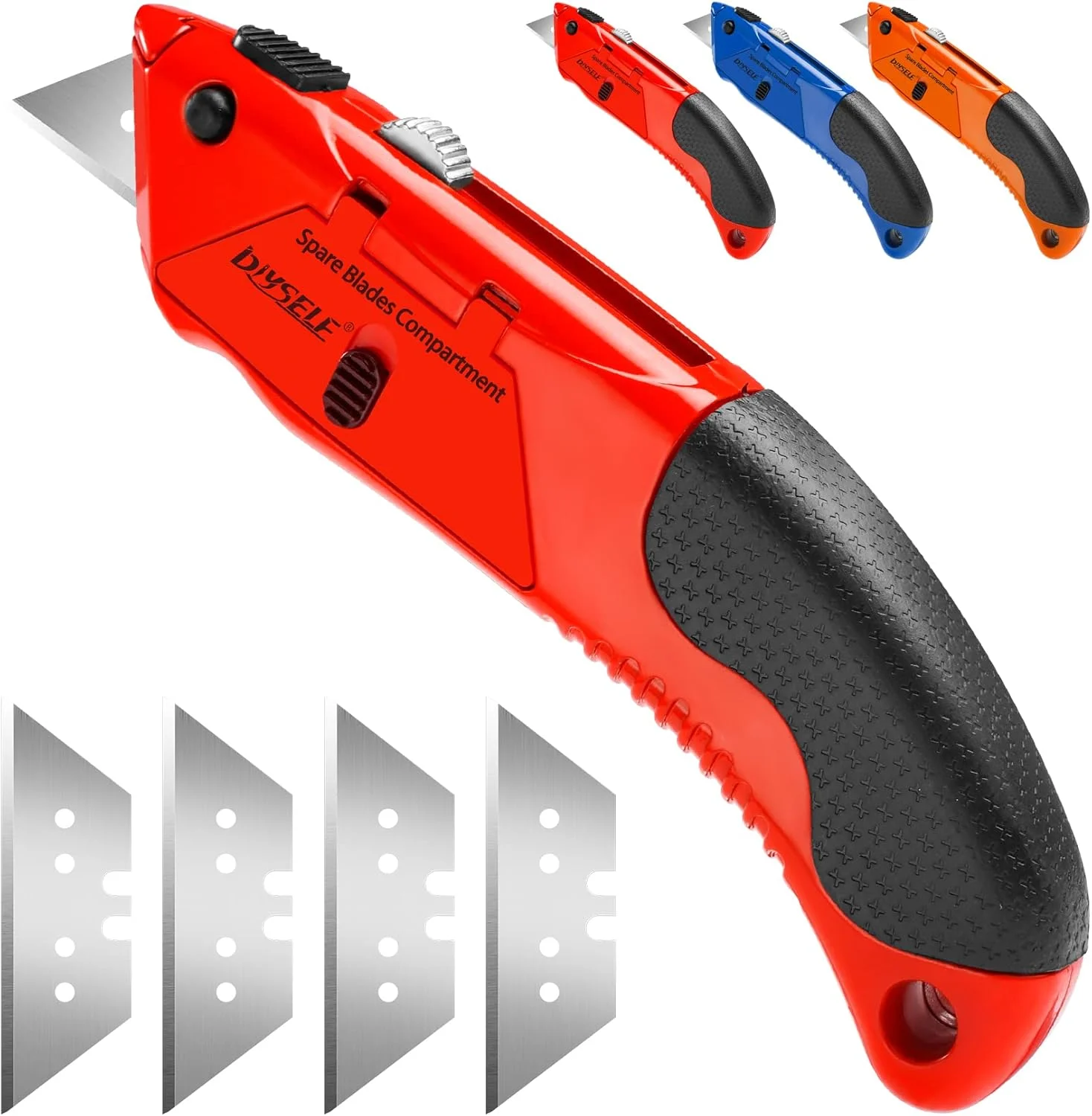 DIYSELF 1 Pack Utility Knife, Box Cutter Heavy Duty with 4 Pcs Sharp Blades, Storage Space in Handle, Box Cutter Retractable for Cutting Cartons, Cardboard, Boxes, and Carpet, Razor Knife