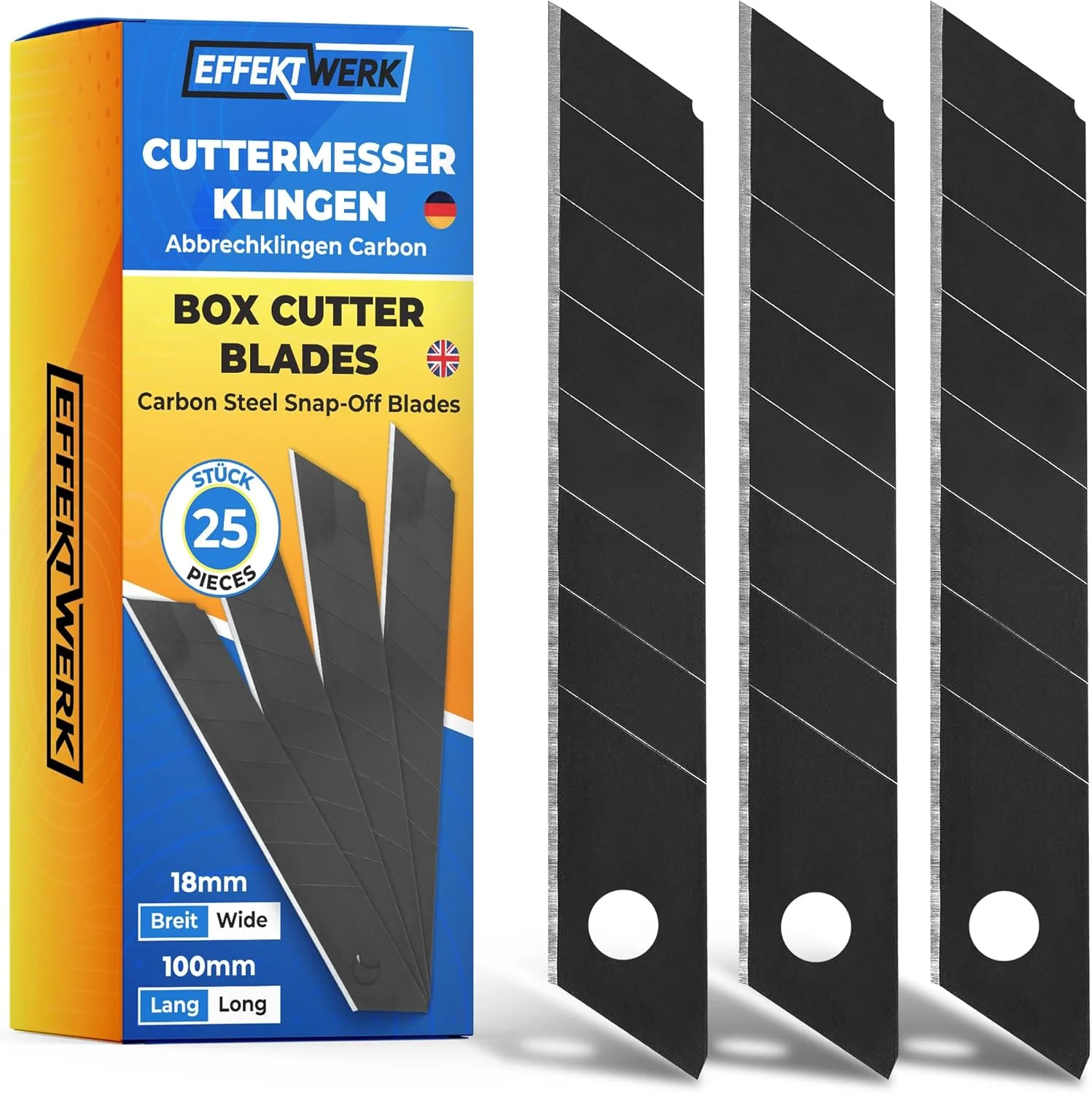 E•Werk – Box Cutter Blade Set – Black, 120 Pack – 18mm Utility Knife Replacement Blades – Heavy-Duty Carbon Steel Snap Off Blades – Blade Refills for Utility Knives & Box Cutters