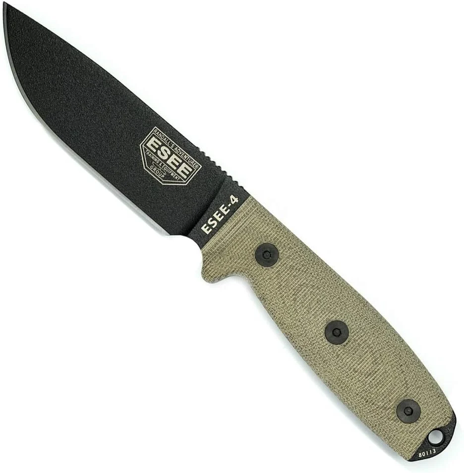 ESEE-4 Fixed Blade Knife, 3D Contoured Handle, 1095 Carbon Steel, Black Ambidextrous Sheath, Made in USA