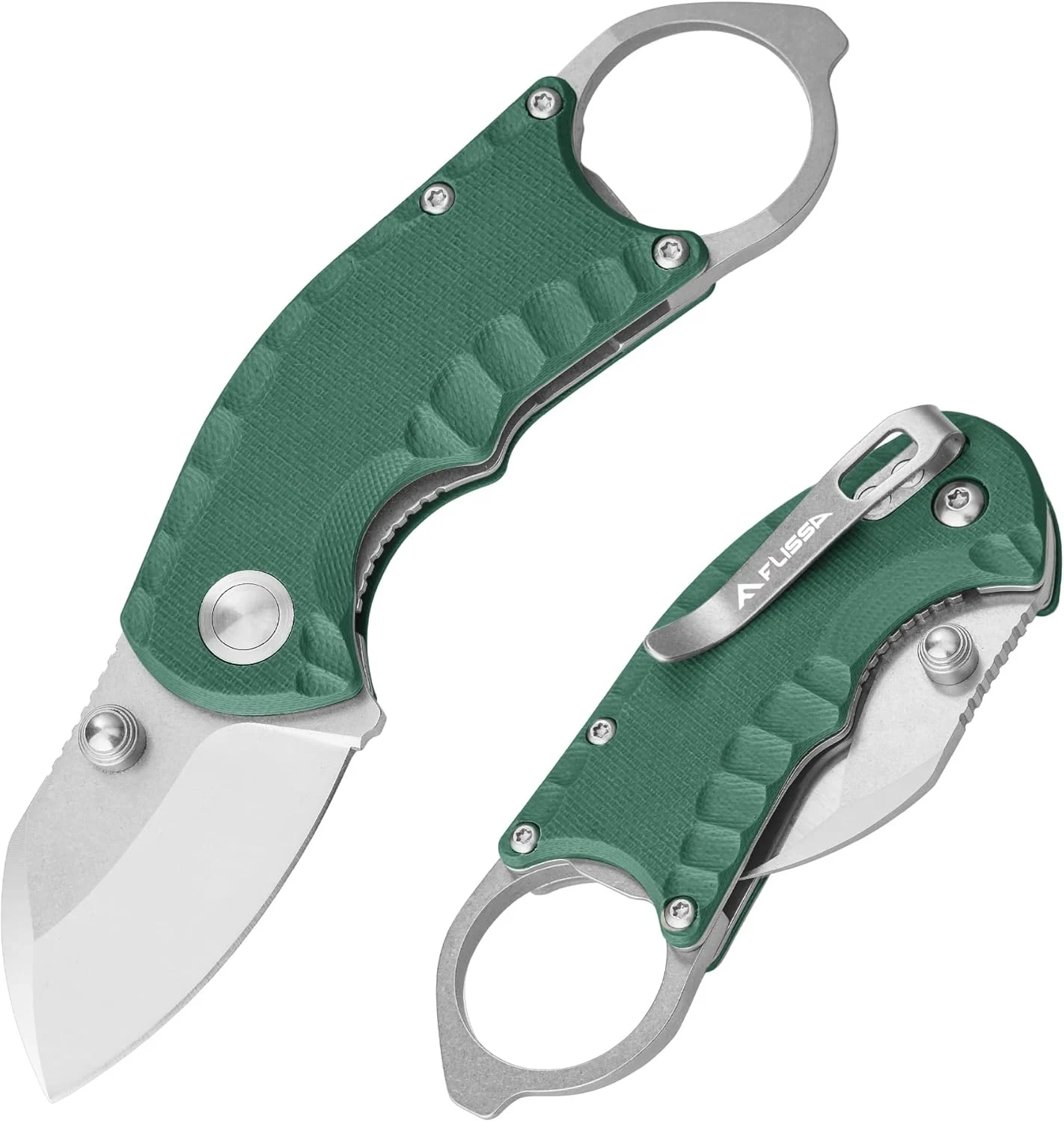 FLISSA 4″ Small Folding Pocket Knife, Lightweight Utility Knife, Green G10 Handle, EDC Pocket Knife with 8Cr13MoV Steel Blade, Carry Pocket Clip, Bottle Opener and Flat Head Screwdriver, Liner Lock