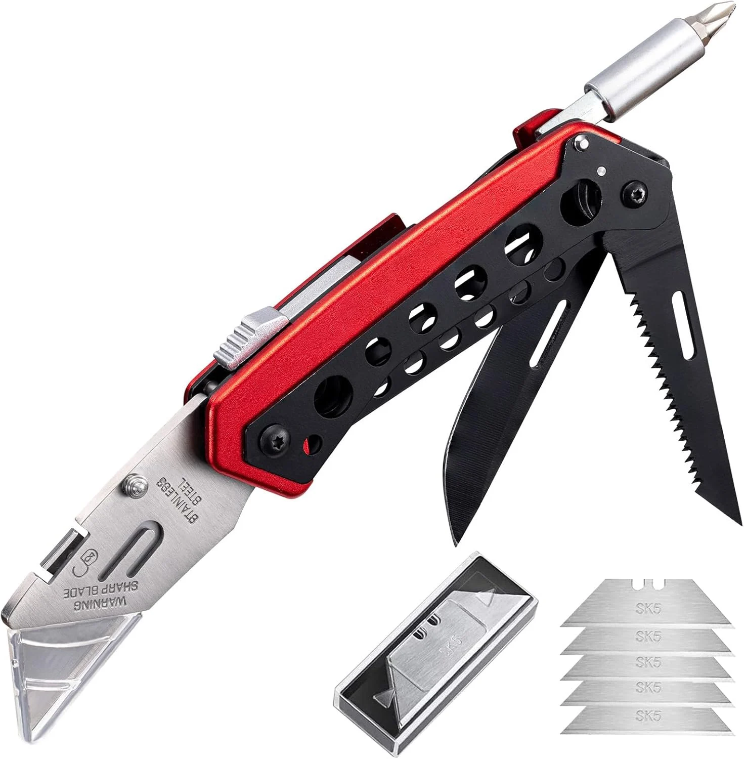 Folding Utility Knife, Box Cutter Knife, 6 in 1 Razor Utility Knives Multitool with 5 Razor Blades, Screwdriver, Saw, Belt Clip, Safe Lock, Work Knives, EDC Gadgets Gifts for Men Women