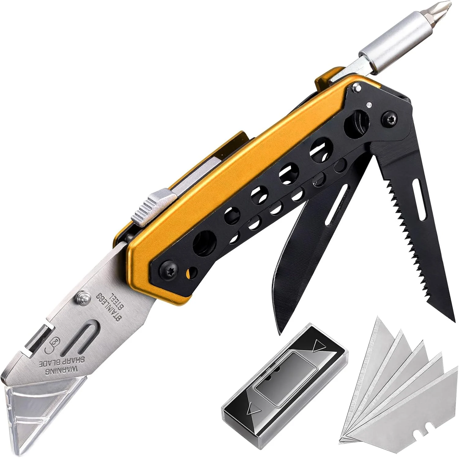 Folding Utility Knife, Box Cutter Knife, Razor Work Knives, 6 in 1 Utility Knives Multitool with 5 Razor Blades, Screwdriver, Saw, Belt Clip Safe Lock, EDC Gadgets Gifts for Men Women, Yellow