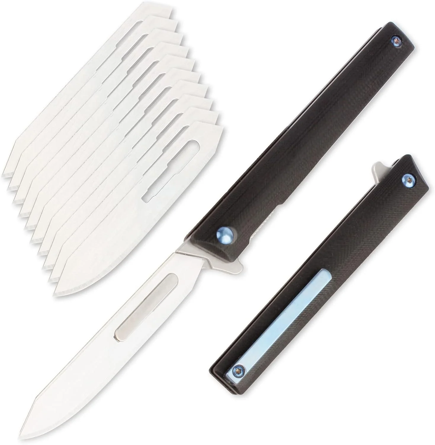 G37 Small Pocket Scalpel Knife, 10pcs #60 Replaceable Blades, Compact Slim Gentleman’s Flipper Folding Scalpel EDC Utility Knives with Blue Titanium Pocket Clip (Black)