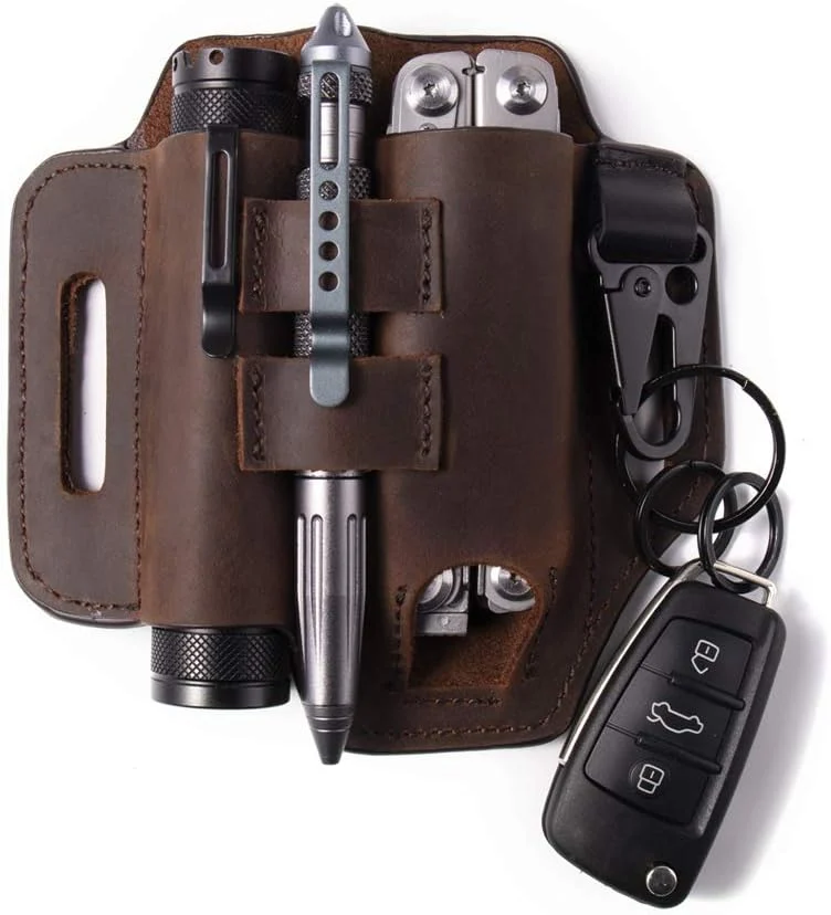 Gentlestache Multitool Belt Sheath, EDC Leather Belt Organizer, Belt Holder with Multitool Pouch, Flashlight Holder, Pen Holder and Keychain Clip, Practical EDC Belt Pouch for Men