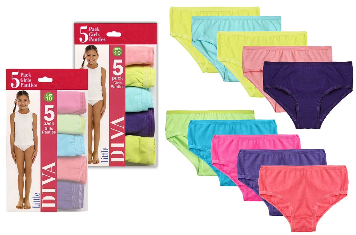 Girl's Underwear 5-Packs by Little Diva - Solid Colors -Sizes 4-14 - Choose Your Sizes