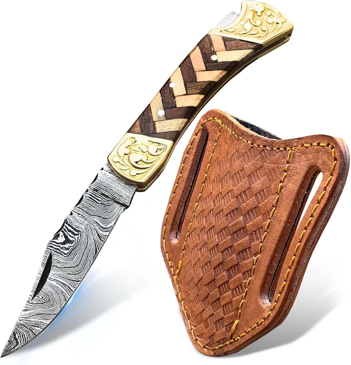 Handmade Damascus Pocket Knife with Sheath, 7″ Folding Hunting Knife with Wood Handle, Small Camping Knife for Outdoor