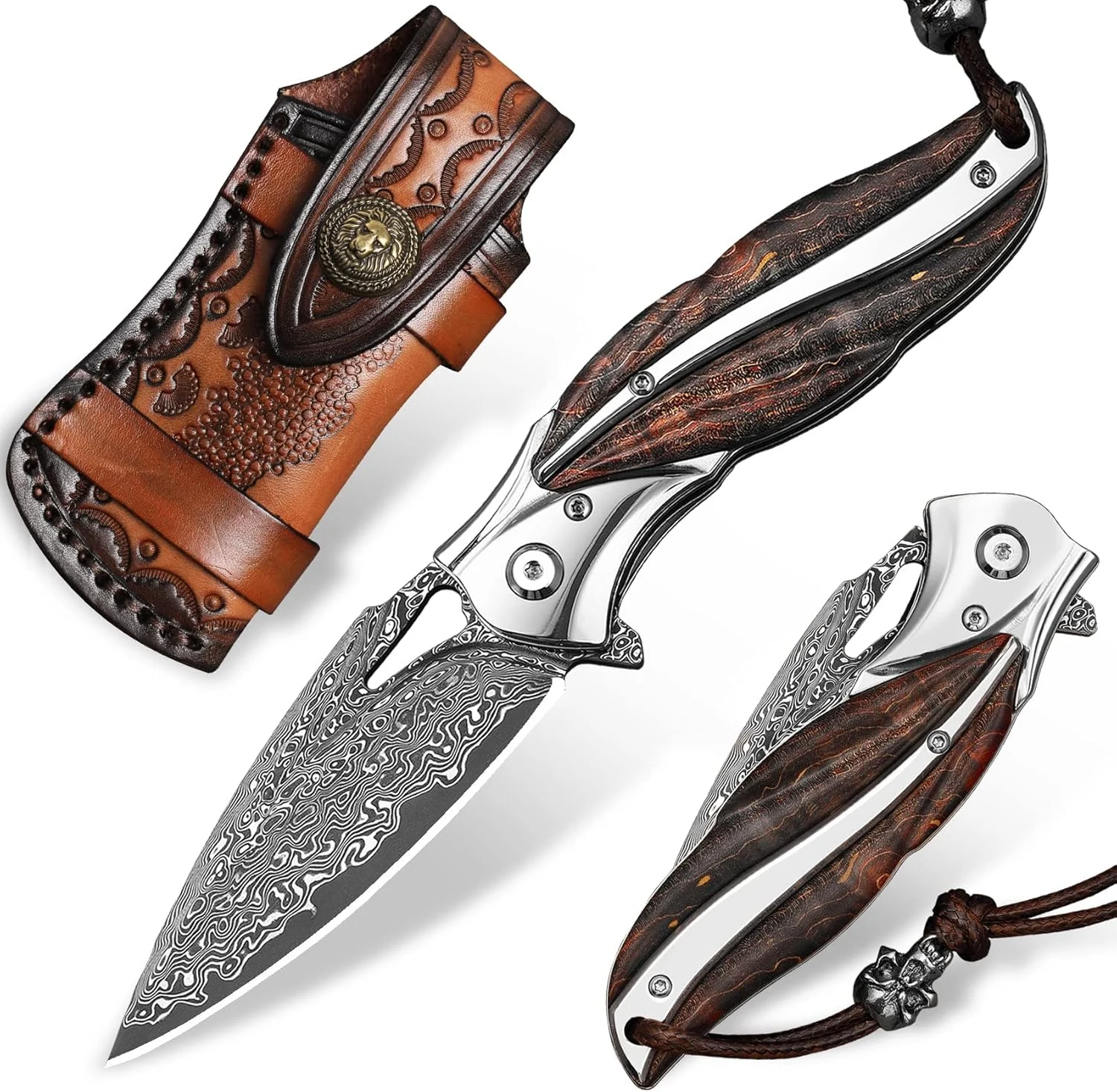 Handmade Japanese VG10 Damascus steel Folding Pocket KnifeÔºåWith leather caseÔºåLiner LockÔºå3.1in high hardness bladeÔºåWooden HandleÔºåmen’s folding knife hiking trip EDC tool Knife