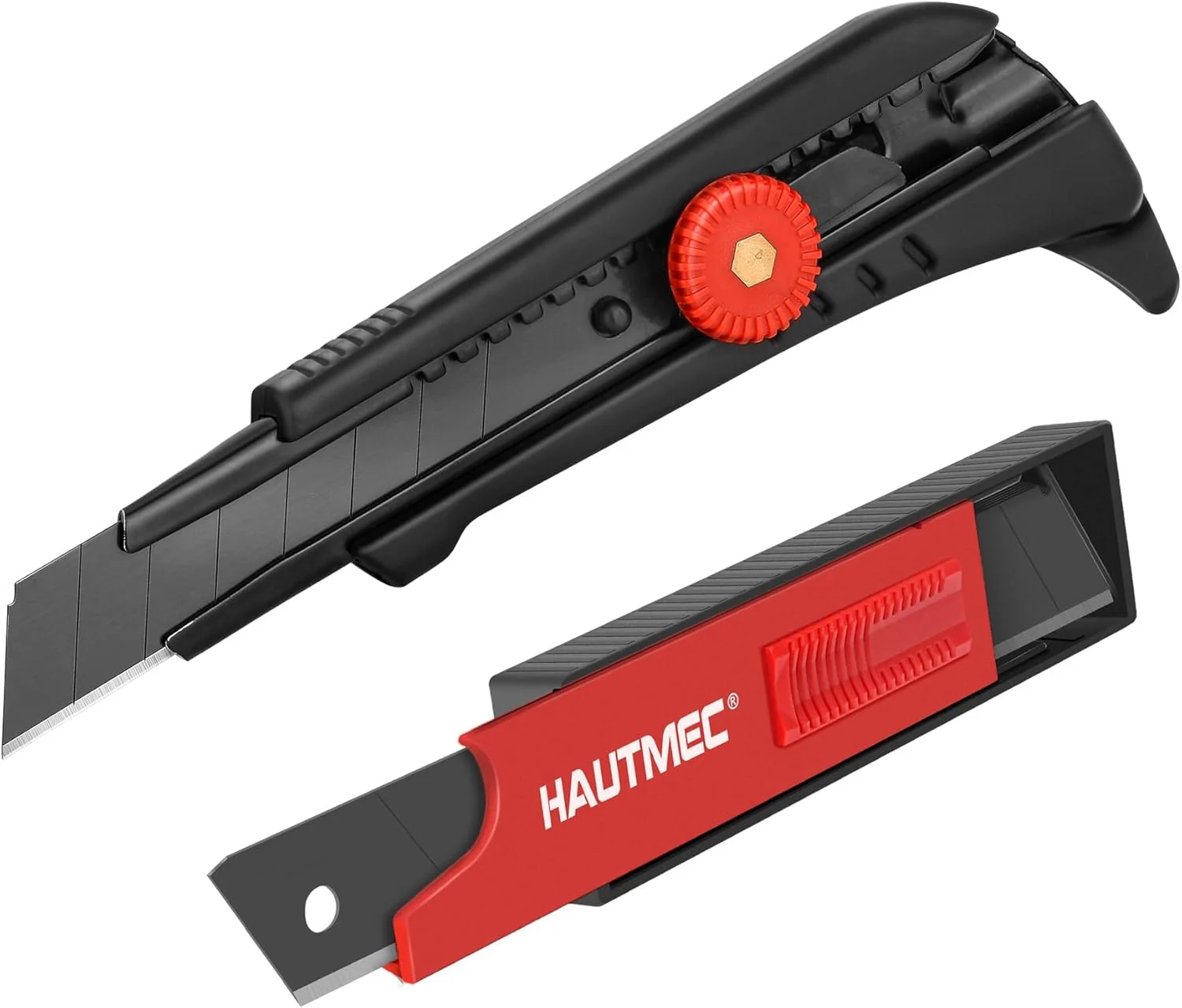 HAUTMEC 18mm Heavy Duty Utility Knife with Fin Design, Ratchet for Quick Blade Changes, Multi-purpose sprayed non-slip grip, Snap Off Sharp Black Retractable Box Cutter, HT0248-KN