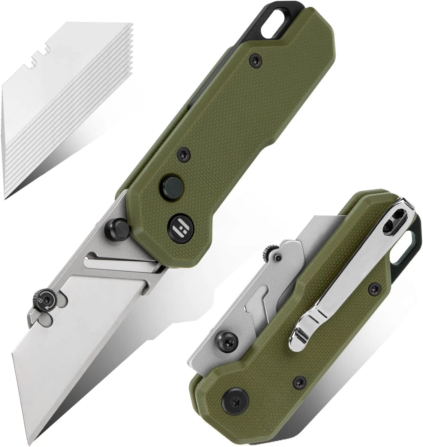 HIGHTRON Vectron Folding Box Cutter, Pocket Carpet Knife with G10 Handle & Belt Clip, Quick-change Blade, Utility EDC Knife with 10 Extra SK2 Blades (Green)