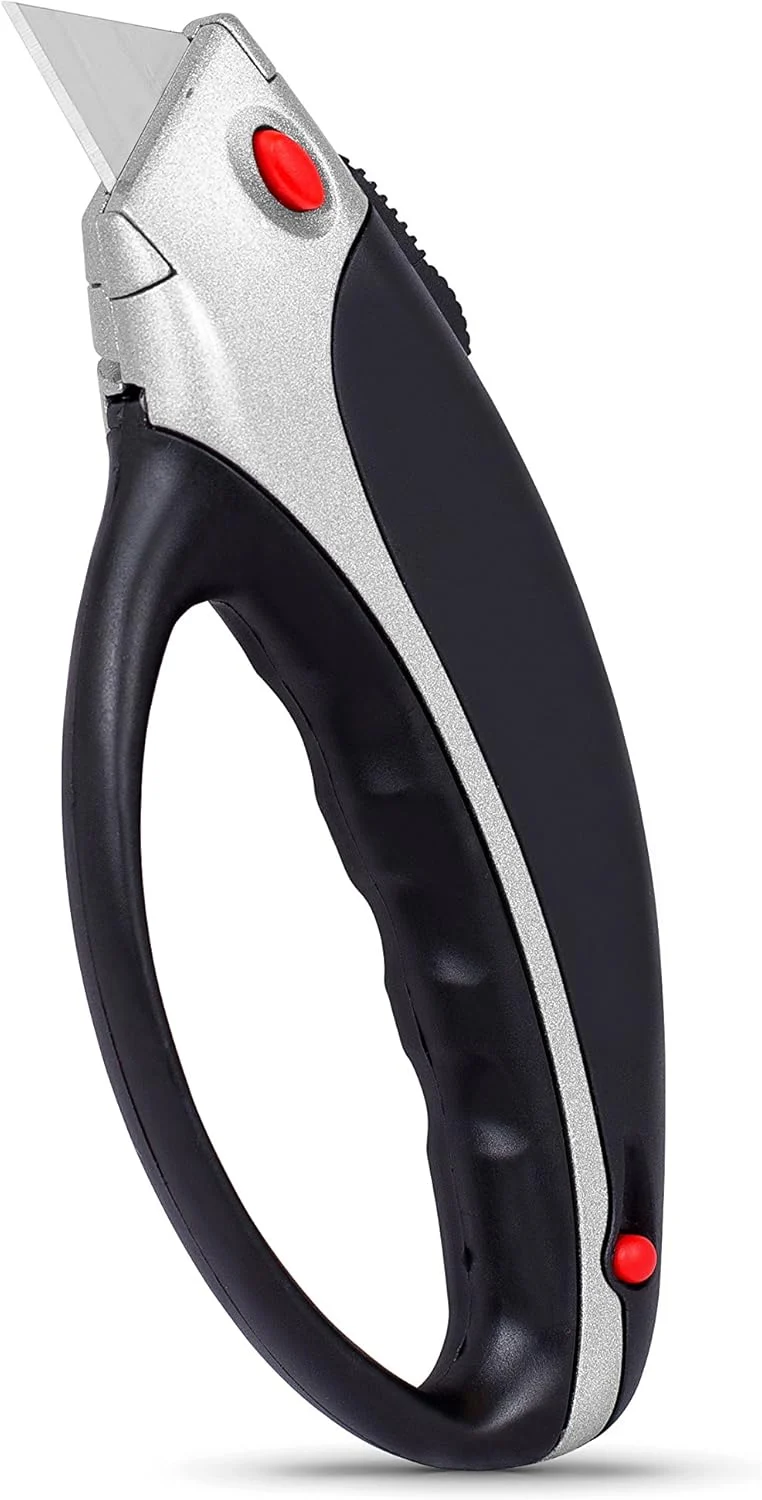 Internet’s Best Ergonomic Utility Knife with Non Slip Feature – Retractable Razor Knife Set – Box Cutter Locking Razor Knife – Storage Pouch Extra Blade Refills – Easy Change