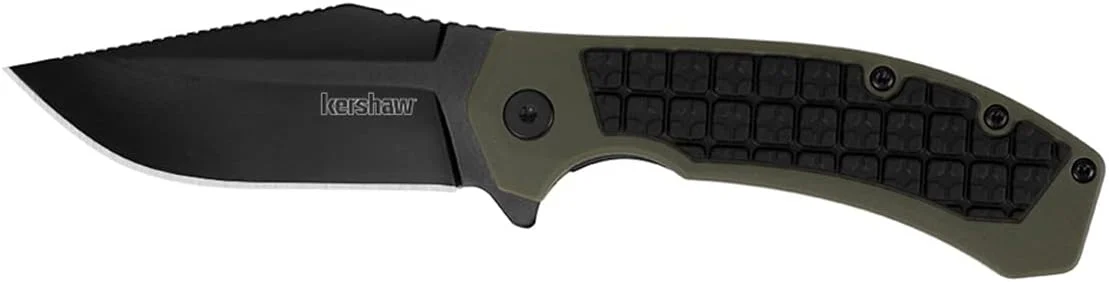 Kershaw Faultine Pocketknife (8760); 3-Inch 8Cr13MoV Blade with KVT Manual Open, Black Oxide Coating and Rubber Overmold, Olive Handle, Pocketclip