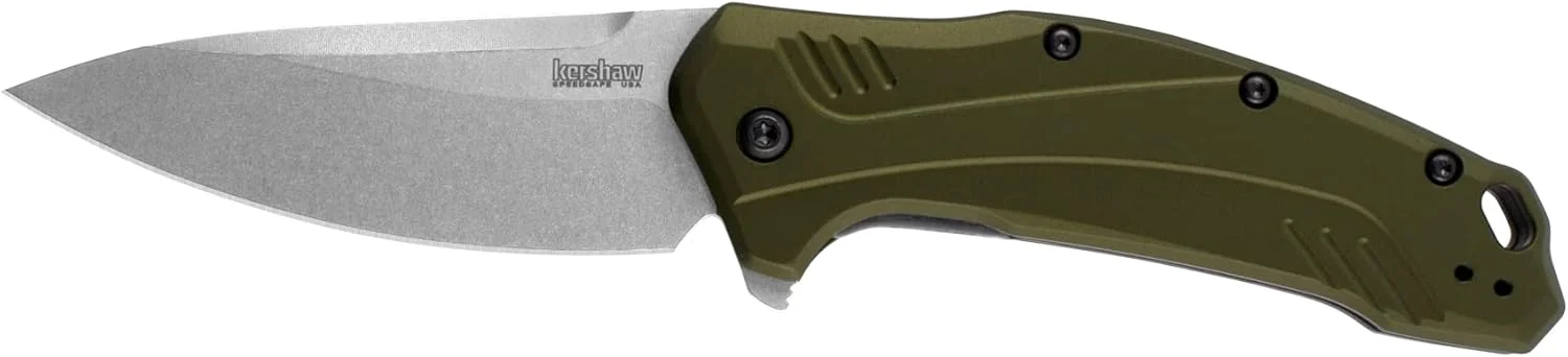 Kershaw Link Drop Point Knife Olive Aluminum (3.25″ Stonewash 20CV) 1776OLSW