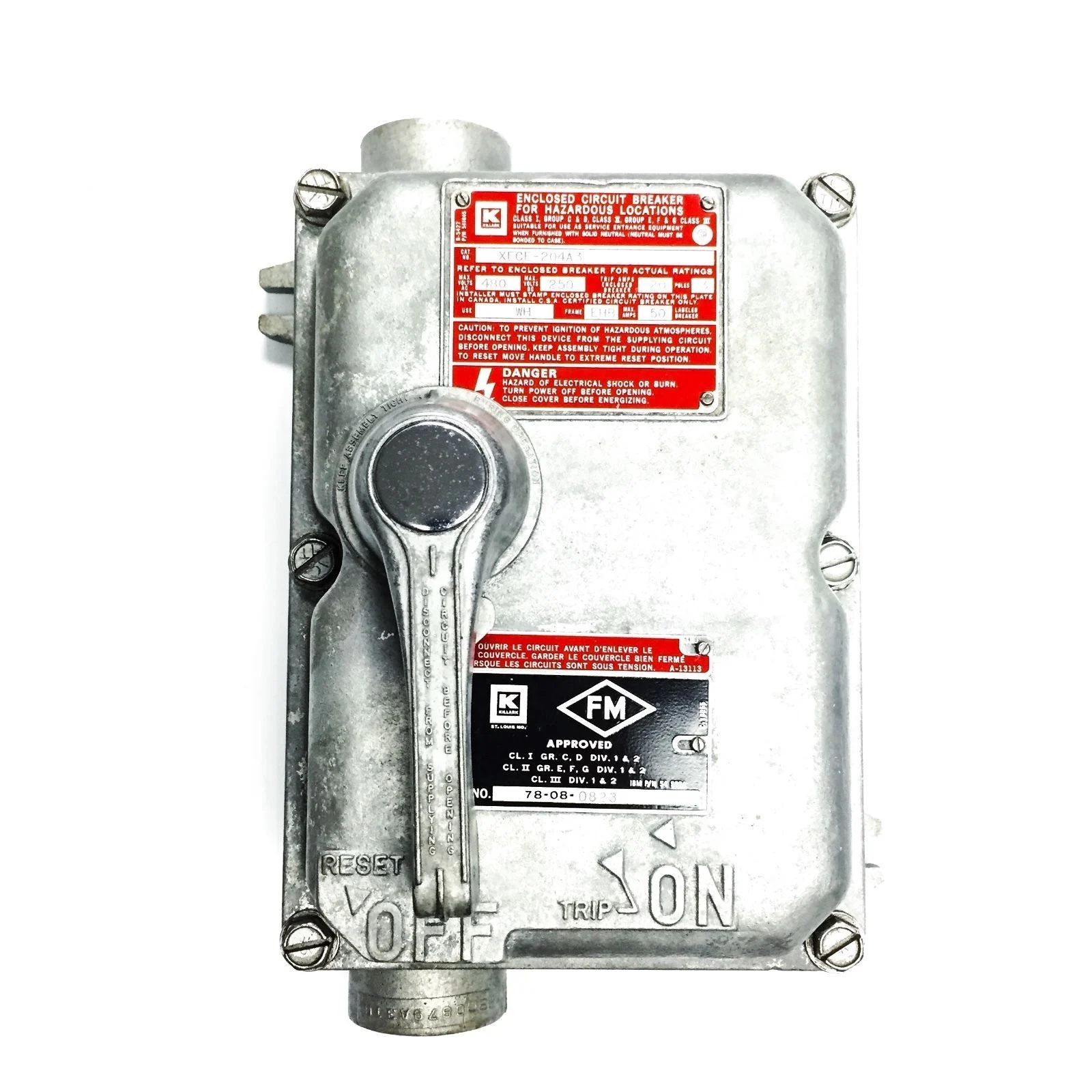 Killark Enclosed Circuit Breaker, 3P 50A 480VAC, 250VDC, Trip Amps 20