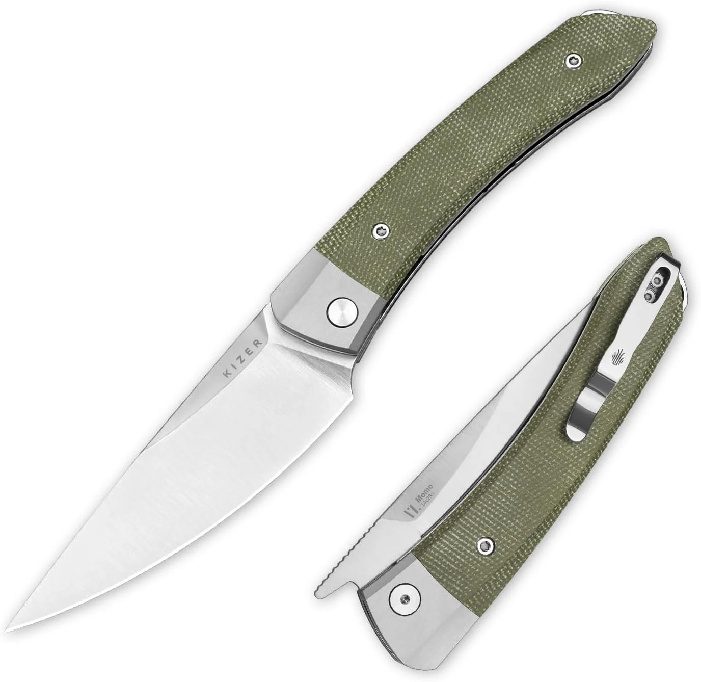 Kizer Momo Pocket Folding Knife, 4.11” 14C28N Blade EDC Pocket Knife with Aluminum+Micarta Handle, Front Flipper Camping Folding knife for Men Women, Sharp Hunting Survival Hiking Knives V4663M1
