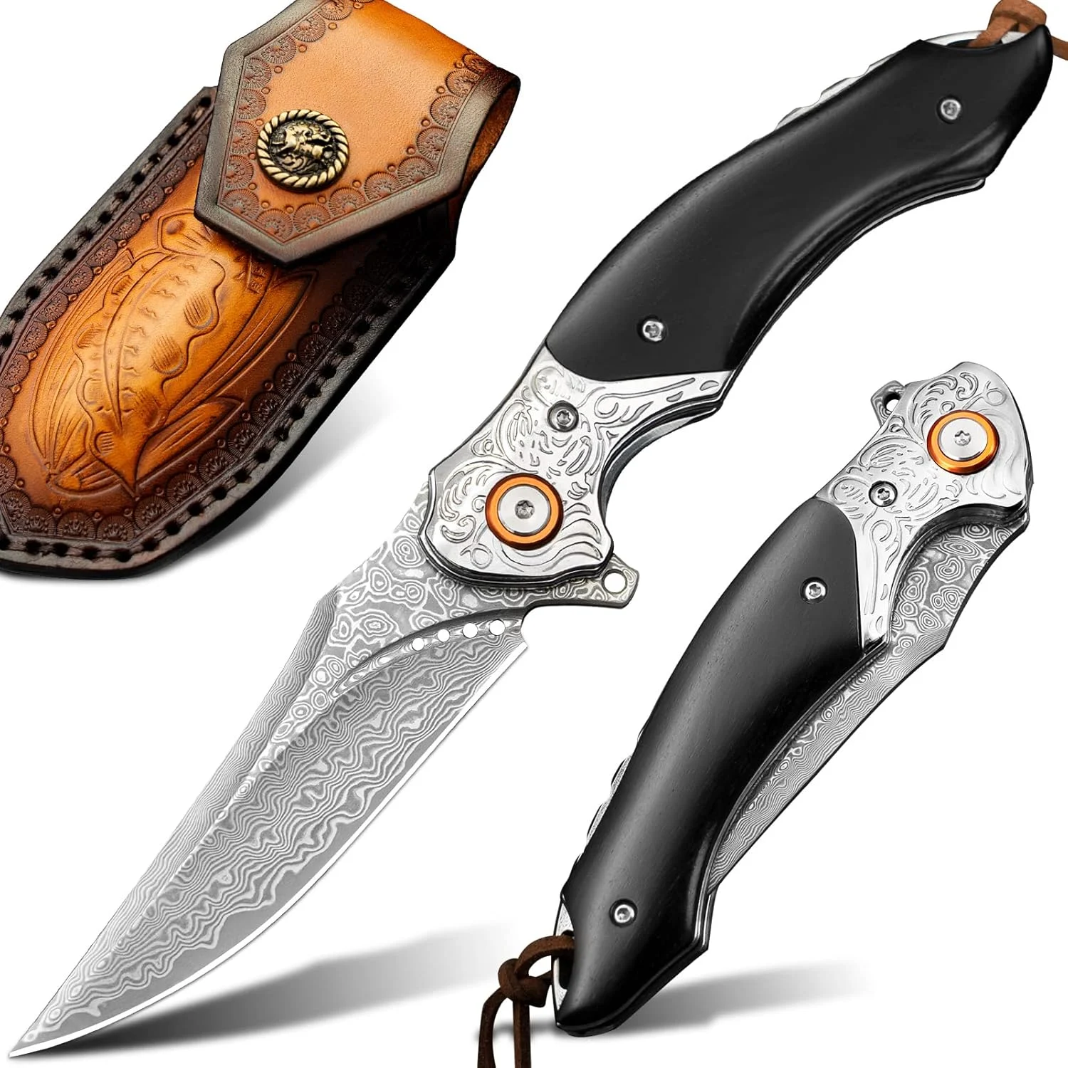 LOTHAR Damascus Pocket Knife, 7.78″ VG10 Folding Knife with Retro Leather Sheath, Sandalwood Handle, Classic Bolster, Lanyard Hole, EDC Knife, Anniversary, Christmas, Elegant Gift for Men (Black)
