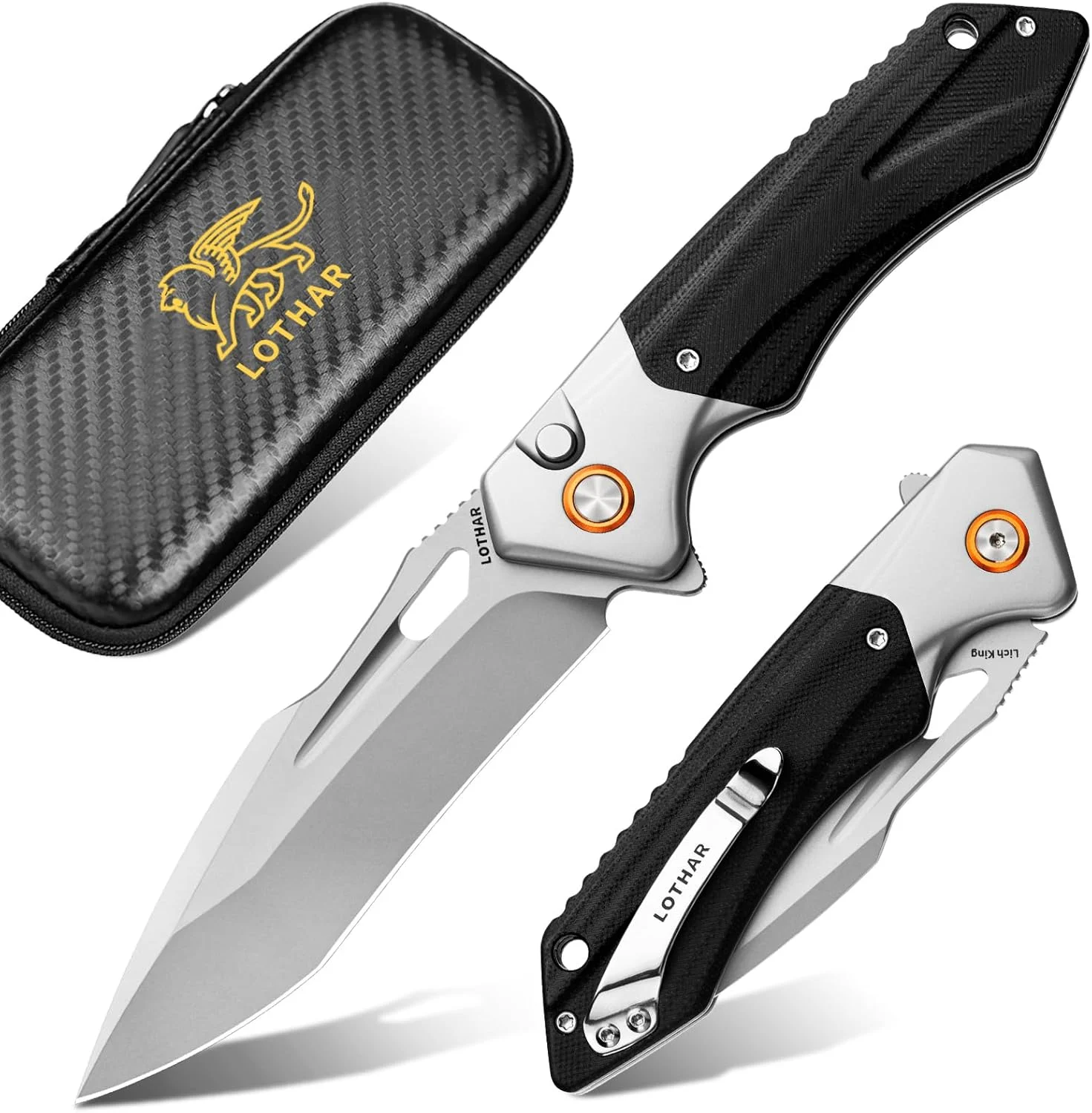 LOTHAR LICH KING Pocket Knife, 3.5 Inch D2 Steel Folding Knife with Clip, G10 Handle, Exotic Touch EDC Knife, Gifts Pocket Knife for Men Women
