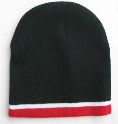 Men's Knitted Black with Red Stripe Beanie Hat Cap
