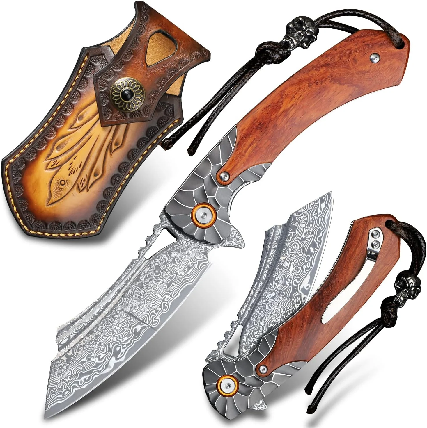 men’s pocket knife Damascus Steel Handmade Folding Knife，3.5 in blade rosewood handle，with leather case ，Liner Lock Steel ball bearings，pocket clip ，EDC Camping Outdoor Survival Knife