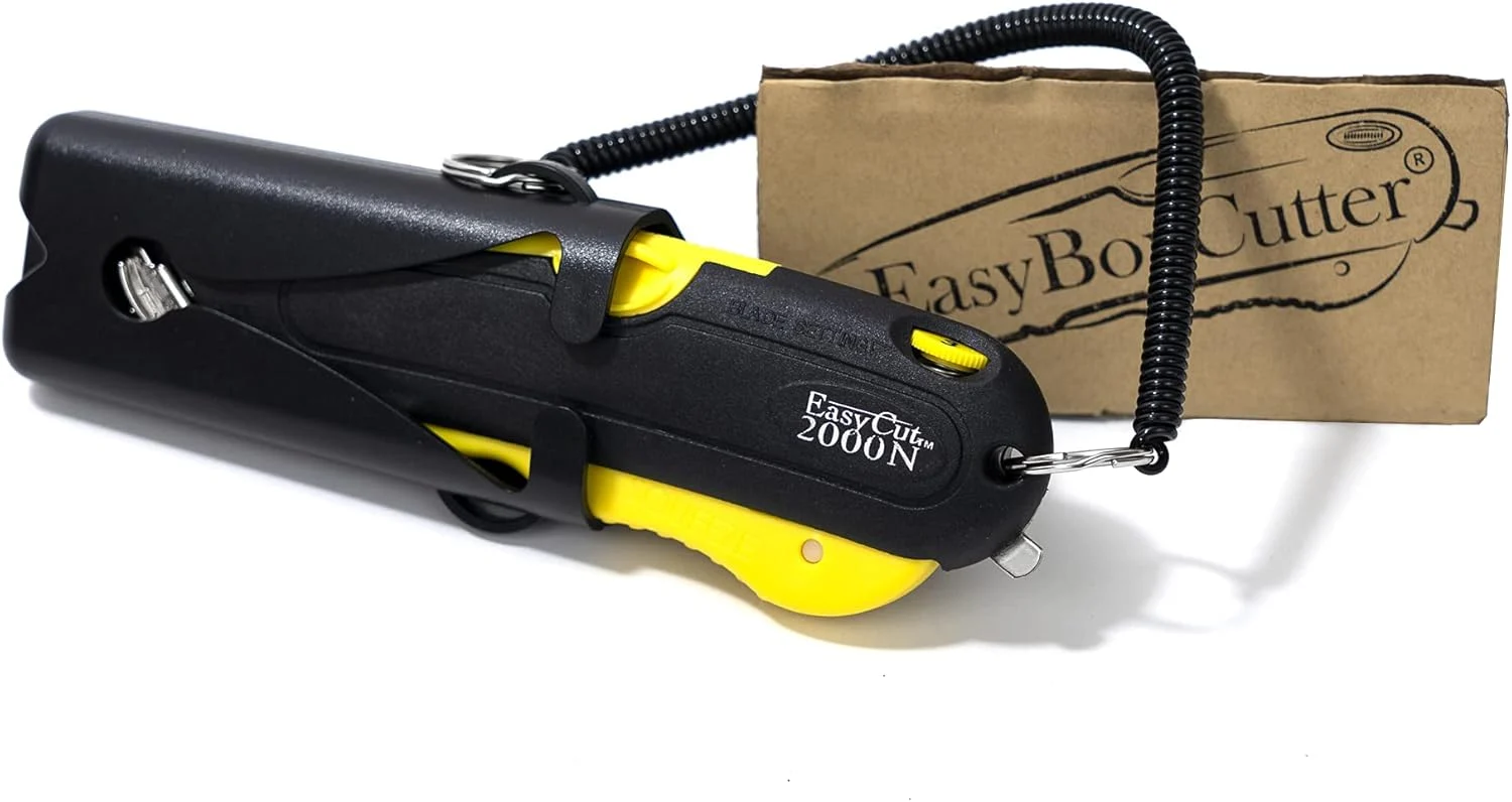 Modern Box Cutter, extra tape cutter at back, dual side edge guide, 3 blade depth setting, 2 blades and holster – Yellow Color 2000 STD