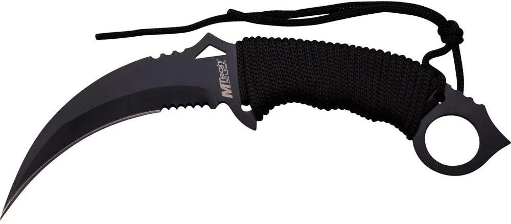 MTECH USA – Fixed Blade Knife – Black Partially Serrated Stainless Steel Karambit Blade w/Black Cord Wrapped Handle, Full Tang, Black Nylon Sheath – Hunting, Camping, Survival, EDC – MT-20-76BK