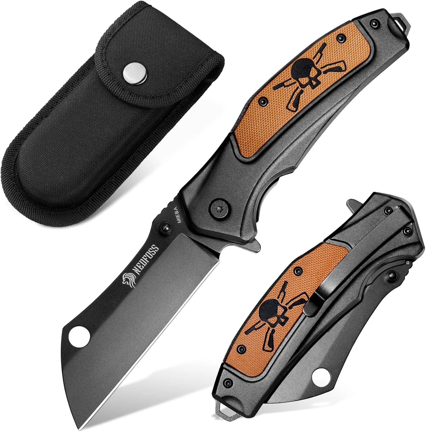 NedFoss Mieba Pocket Knife, 3.5″ D2 Steel Pocket Knives & Folding Knives, Tactical Knife Folding Cleaver EDC Knife with Sheath, Pocketclip, Unique Skull G10 Handle Utility Knife