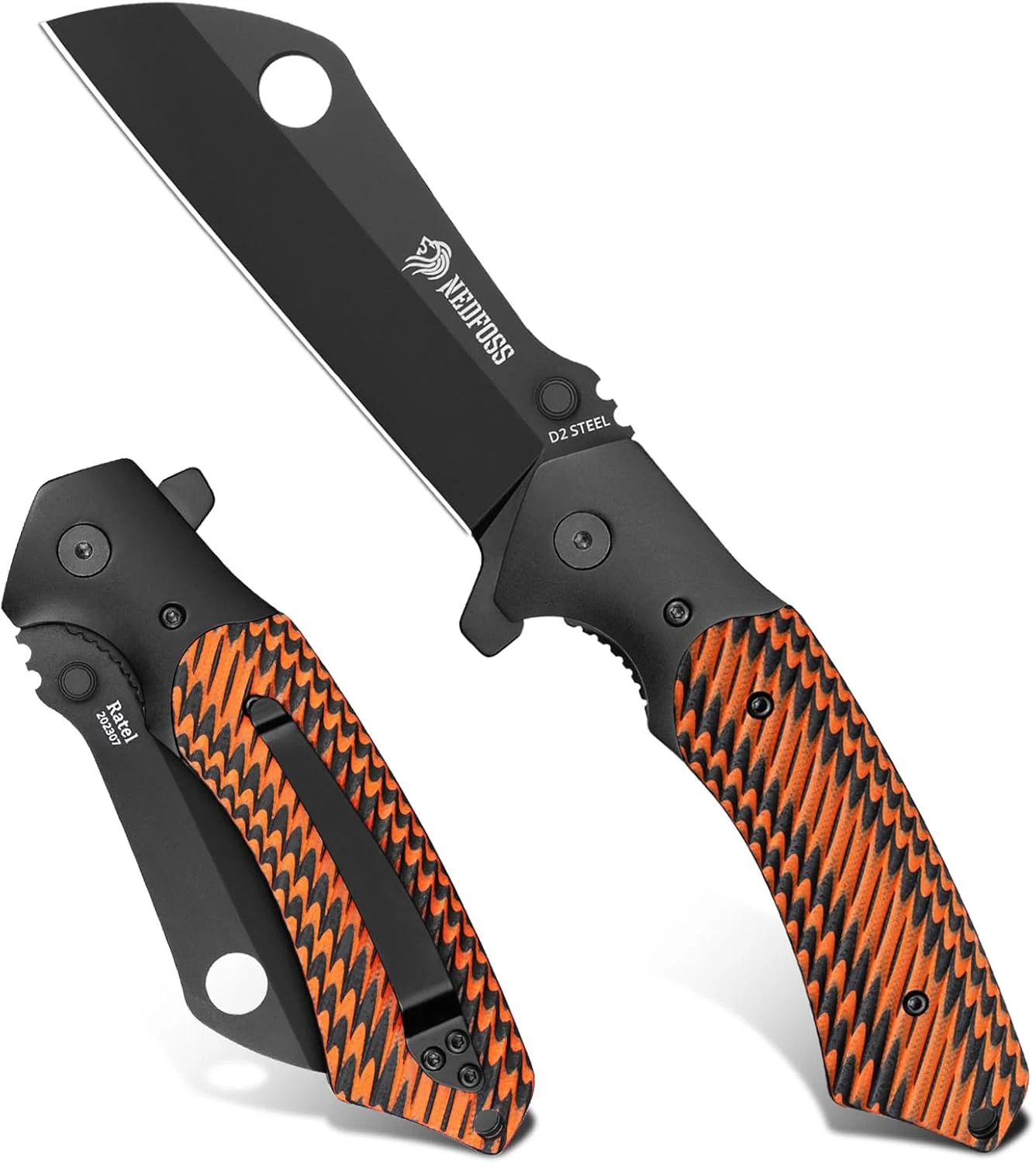 NedFoss Ratel Folding Knife, 3.35″ D2 Steel Black PVD Blade Cleaver Pocket Knife with G10 Handle, Sharp EDC Knife with Sheath, Folding Pocket Knife for Men Women