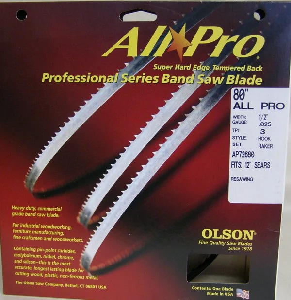Olson AP72680 80" All Pro Band Saw Blades 1/2" x .025 3 TPI Style Hook 12" Sears