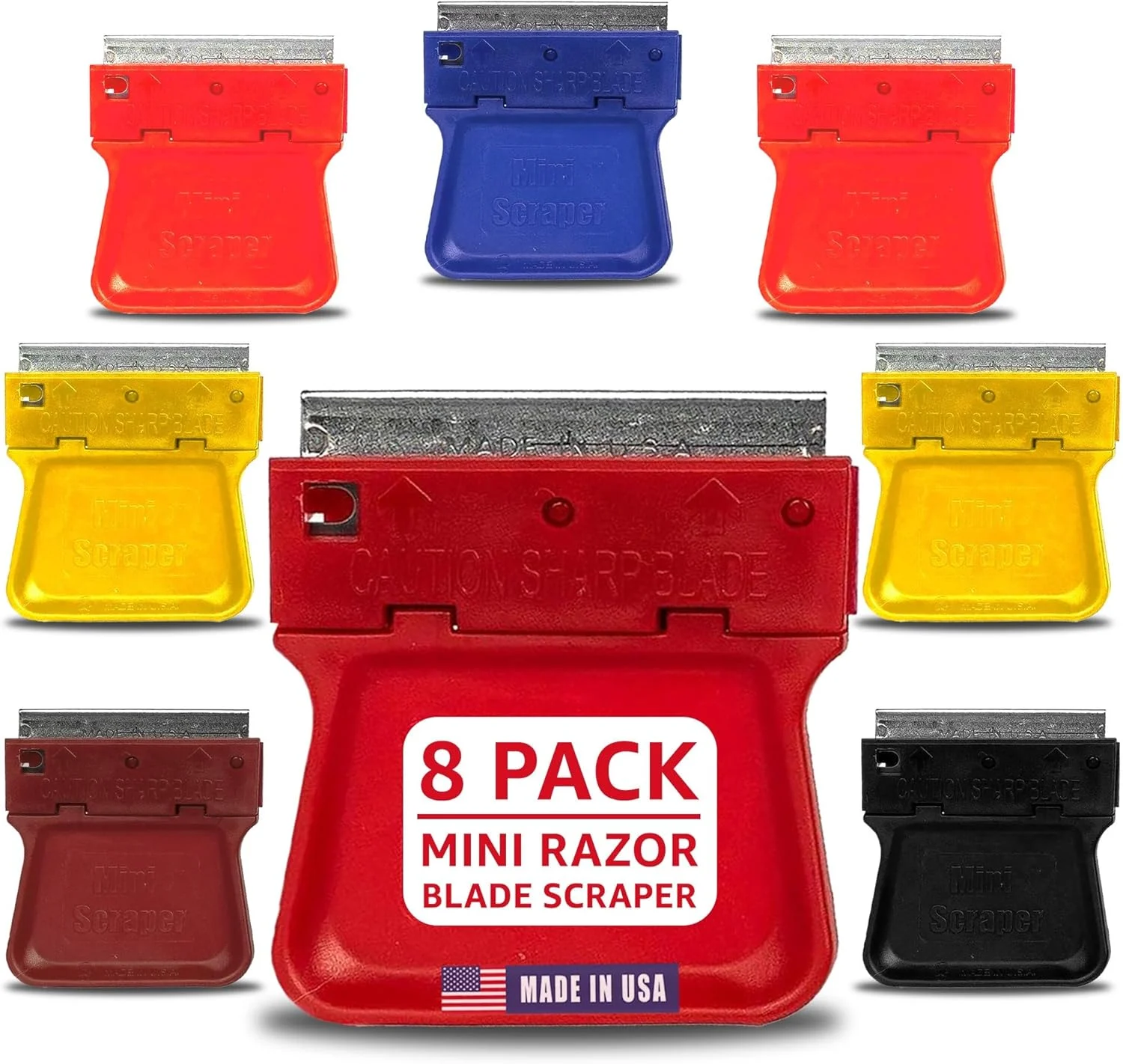Original Mini Razor Scrapers, 8 Pack U.S. Made For Scraping Off Paint Decals Labels Stickers and Debris On a Variety Of Surfaces