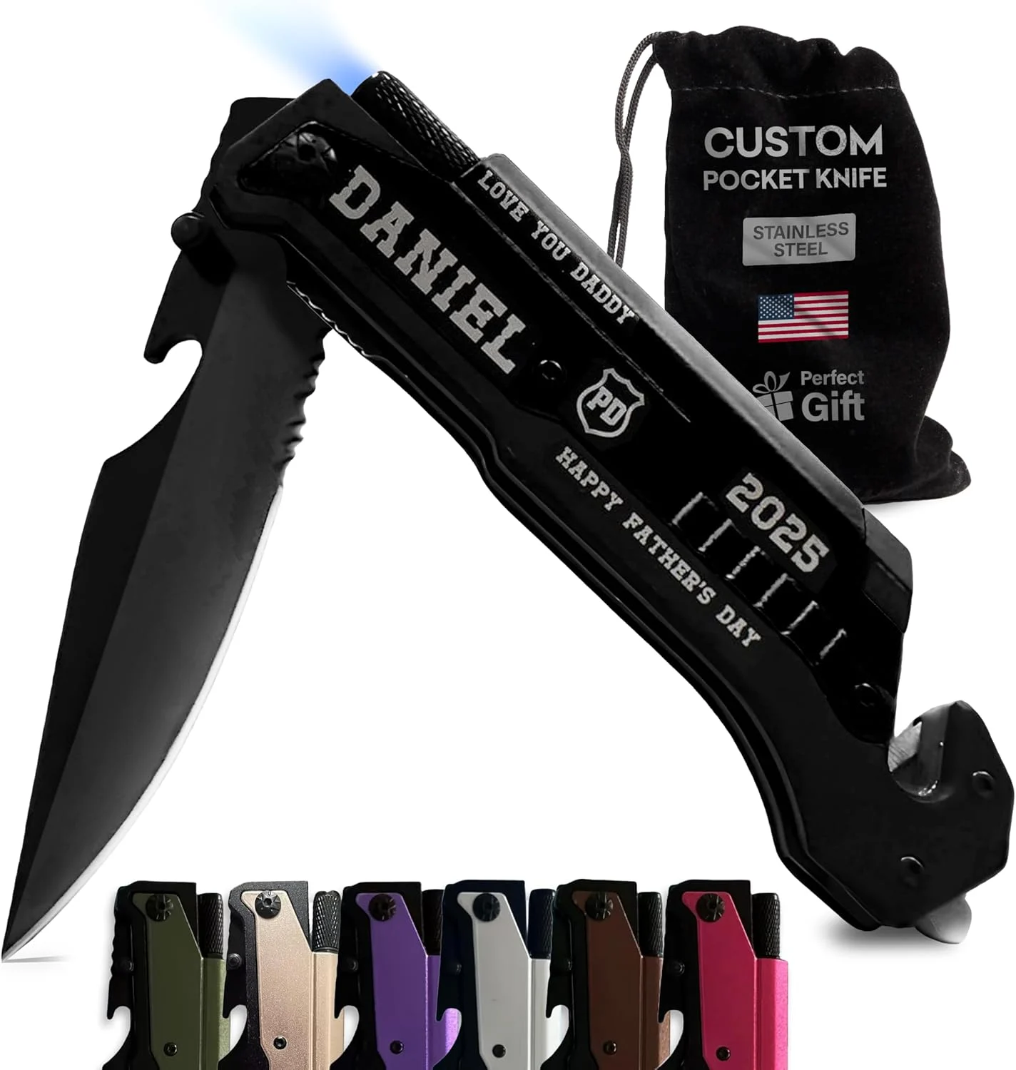 Personalized Engraved Pocket Knife Gift for Men for Father’s Day, Black – Customized Pocket Knives Christmas Gifts for Dad with Velvet Pouch