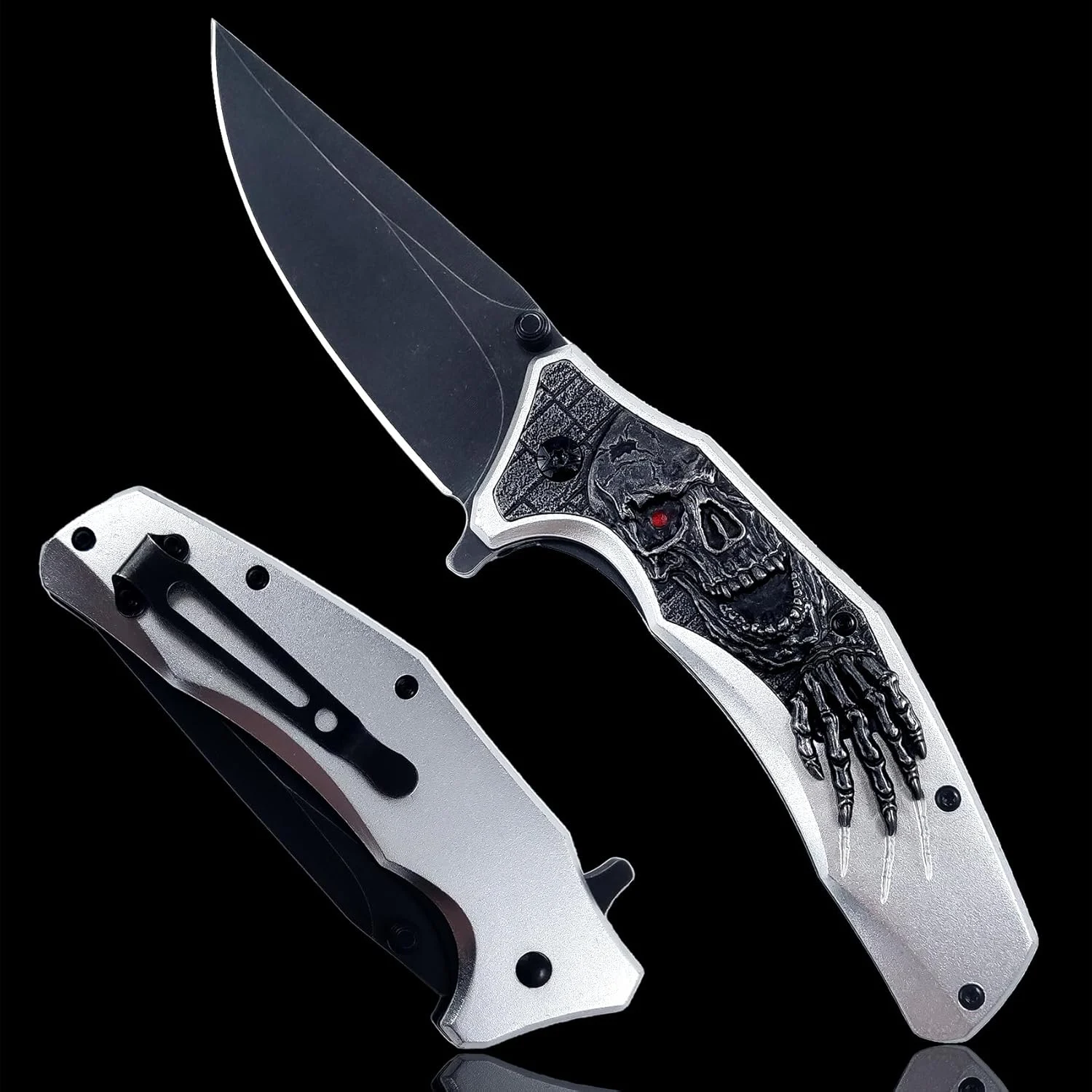Pocket Knife, Cool Pocket Folding Knife with 3D Embossed SKULL patterns, Great festival Halloween Christmas Gift EDC knife For Men Outdoor Survival Camping (Silvery)