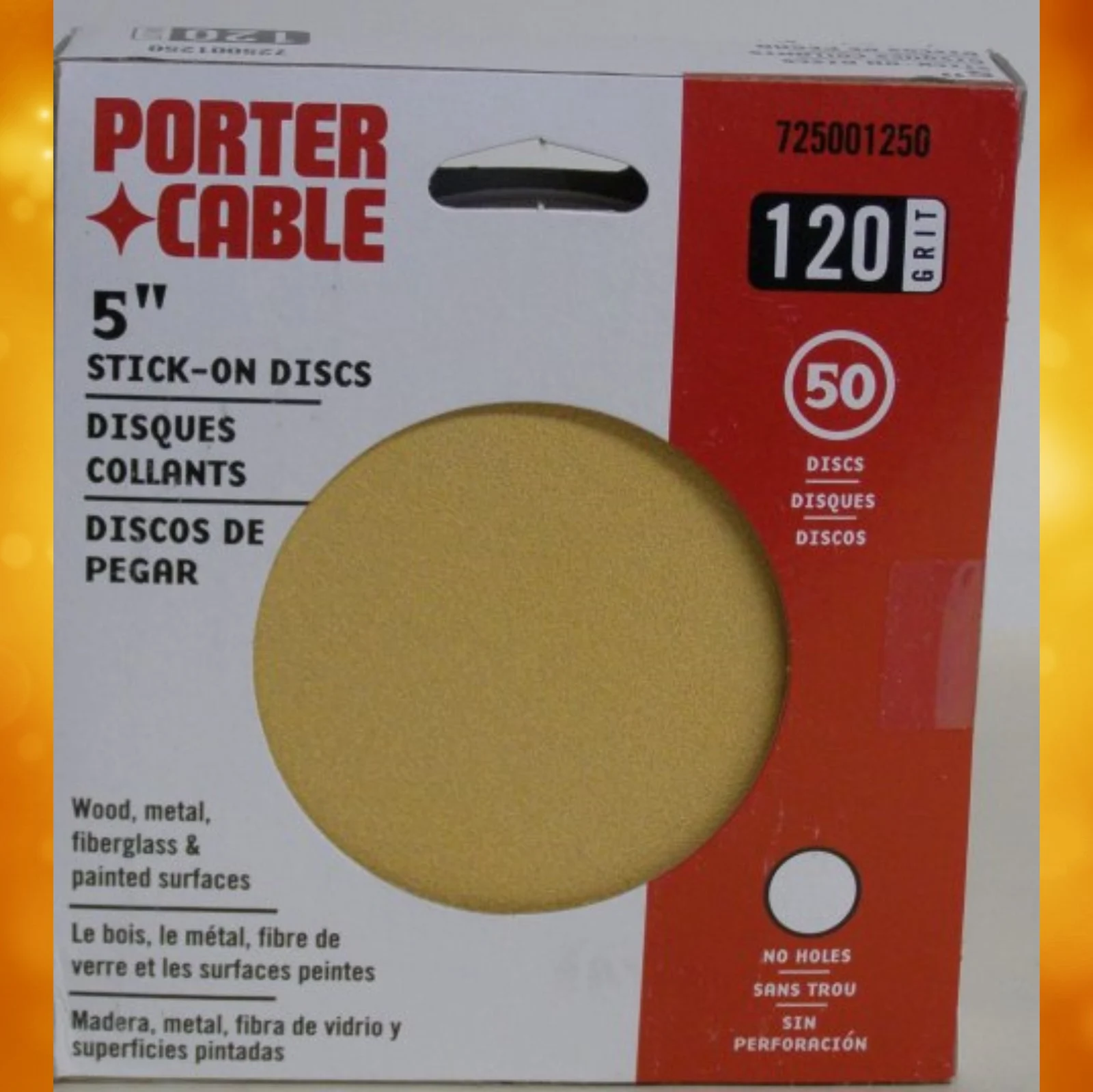 Porter Cable 5" No-Hole, Adhesive-Backed Sanding Discs - 120 Grit (50 Pack) 725001250
