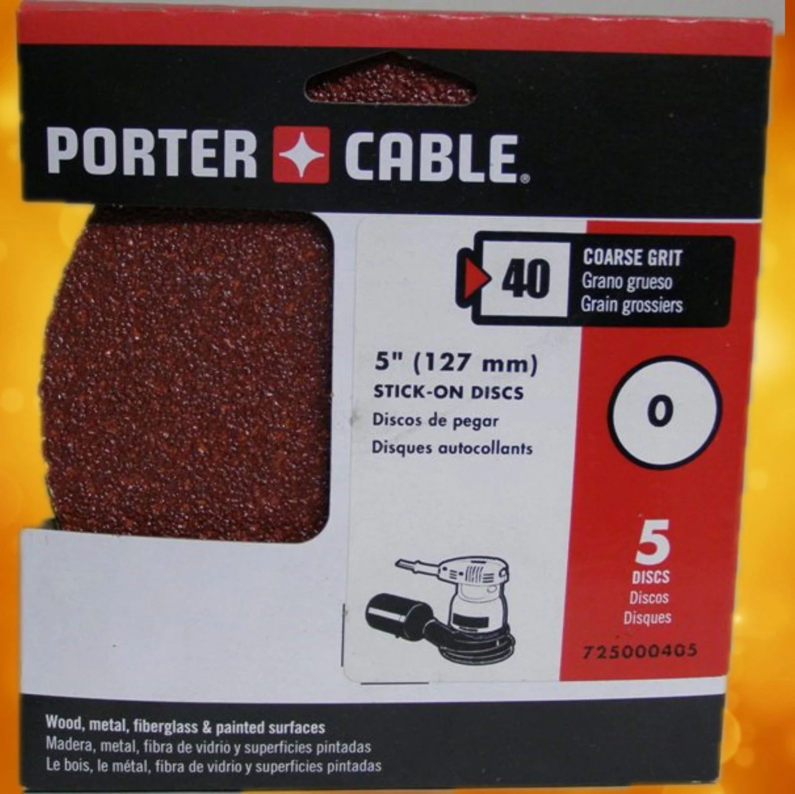 Porter Cable 725000405 5" No-Hole, Adhesive-Backed Sanding Discs - 40 Grit (5 Pack)