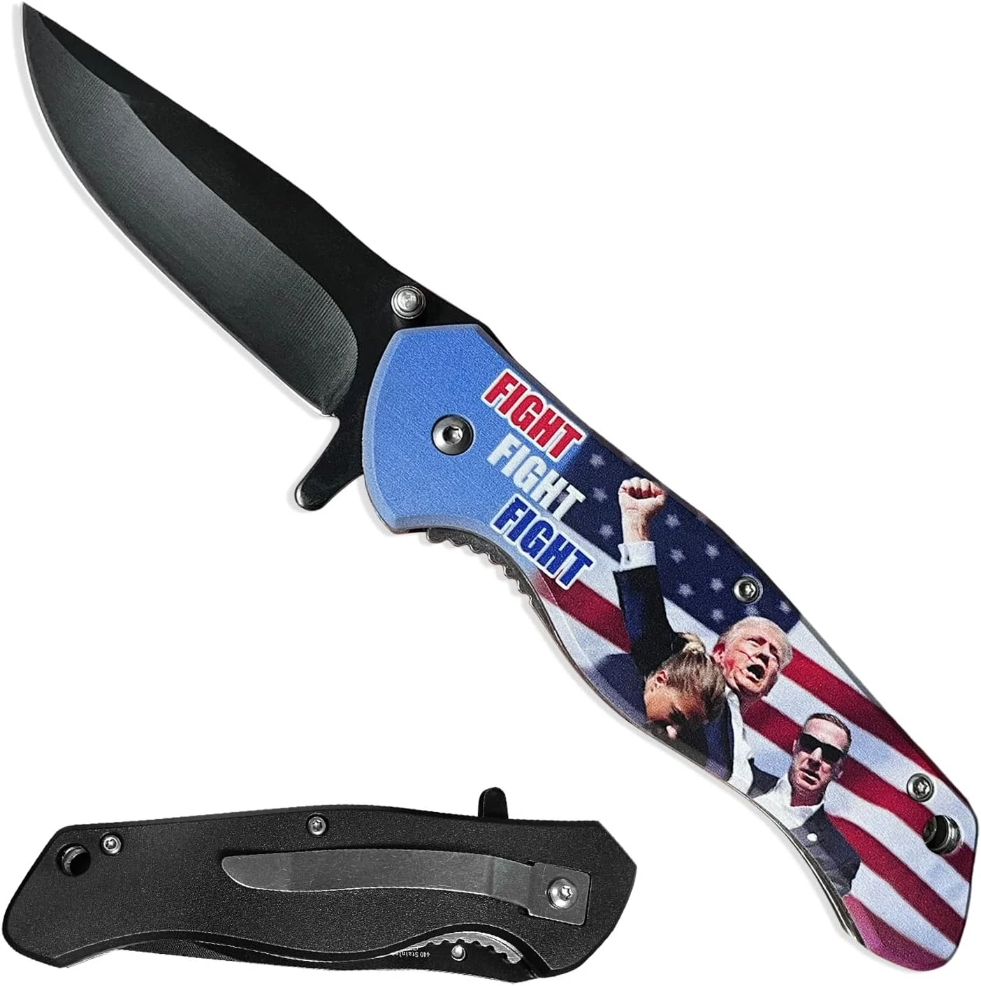 PS President Trump Fight Fight Fight! Stainless Steel Pocket Knife with Belt Clip for Gift, Collection, Camping, Hunting. Show Your support!