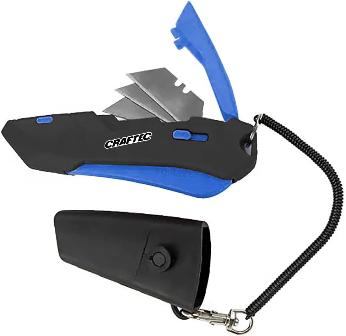 Retractable Utility Knife Box Cutter with Holster & Lanyard – The Ultimate Tool for Precise Cuts, 3 Blade Settings, Ergonomic Design, Left & Right Hand Friendly, Quick Blade Change CT5 (Blue)