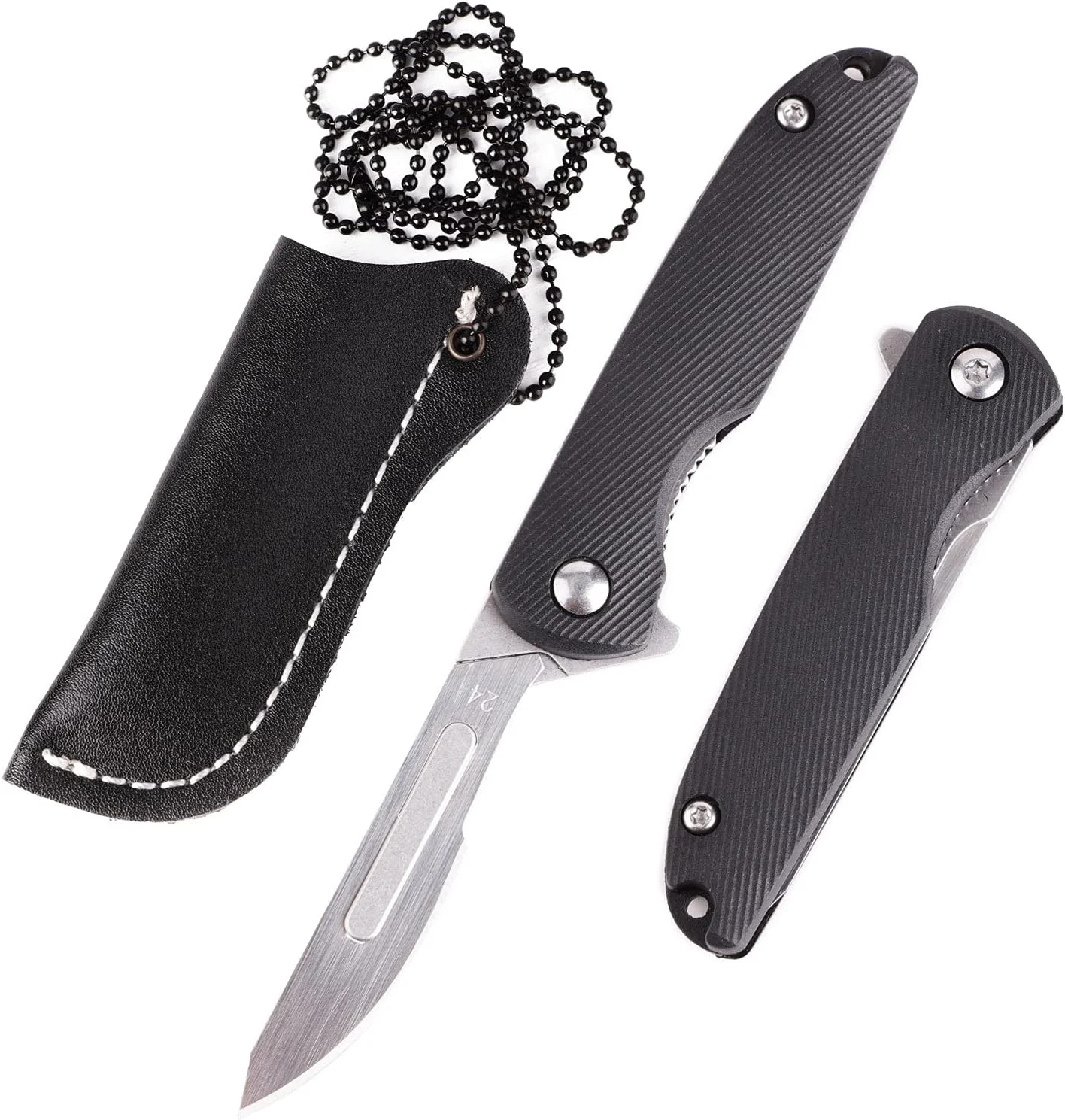 Samior S51 Mini Slim Flipper Folding Scalpel Neck Knife with 10pcs #24 Blades, ABS Handle with Liner Lock, Utility EDC Keychain Pocket Knives with Leather Sheath